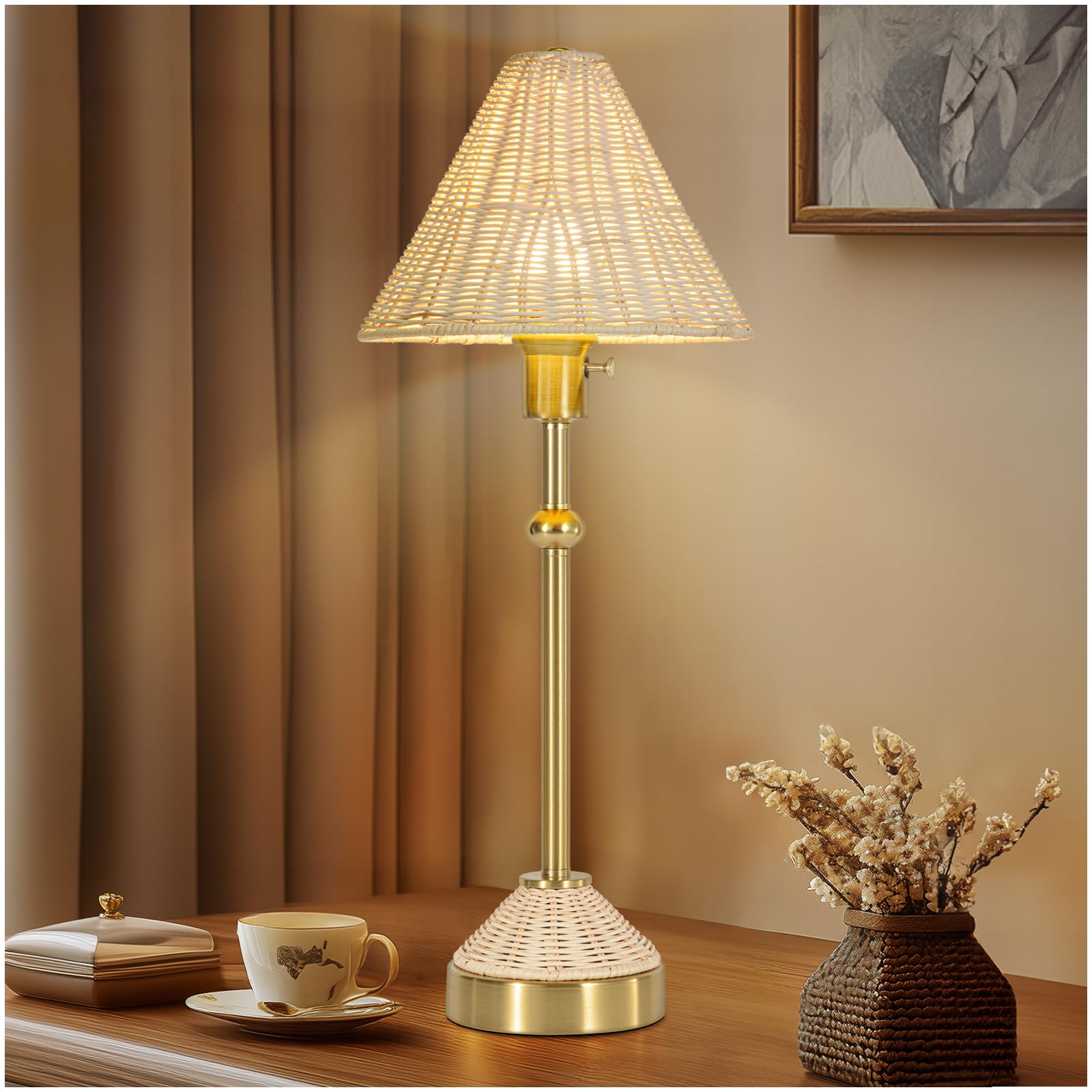 Kivditzo 24.5" Rattan Table Lamp For Living Room, Rustic Gold Table Lamp With Lvory White Rattan Shade For Nightstand, Rotary Switch Bedside Lamp, Farmhouse Lamp For Reading Bedroom Office(Bulb Included)