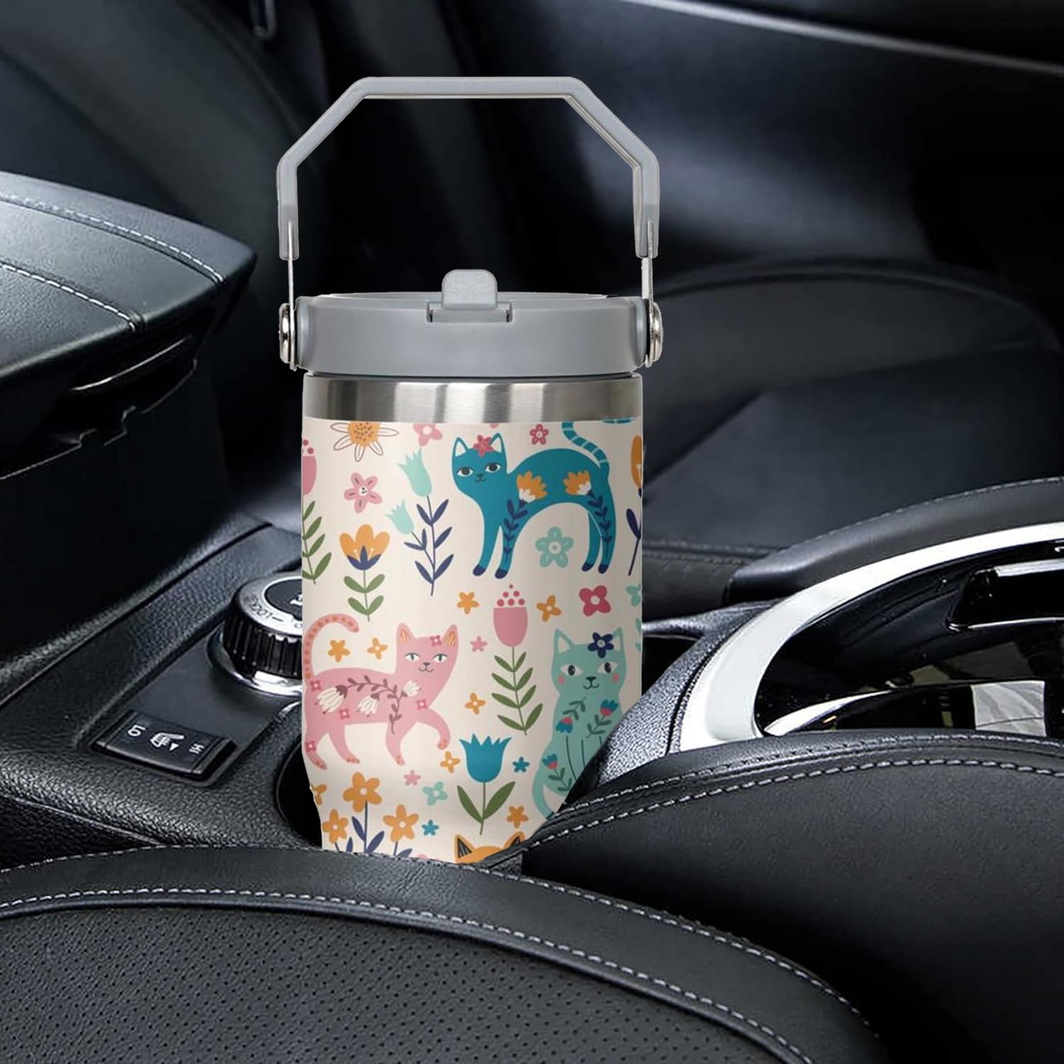 30 Oz Cat Flip Strawtumbler Lid And Straw,Funny Cat Leakproof Insulated Stainless Steel
