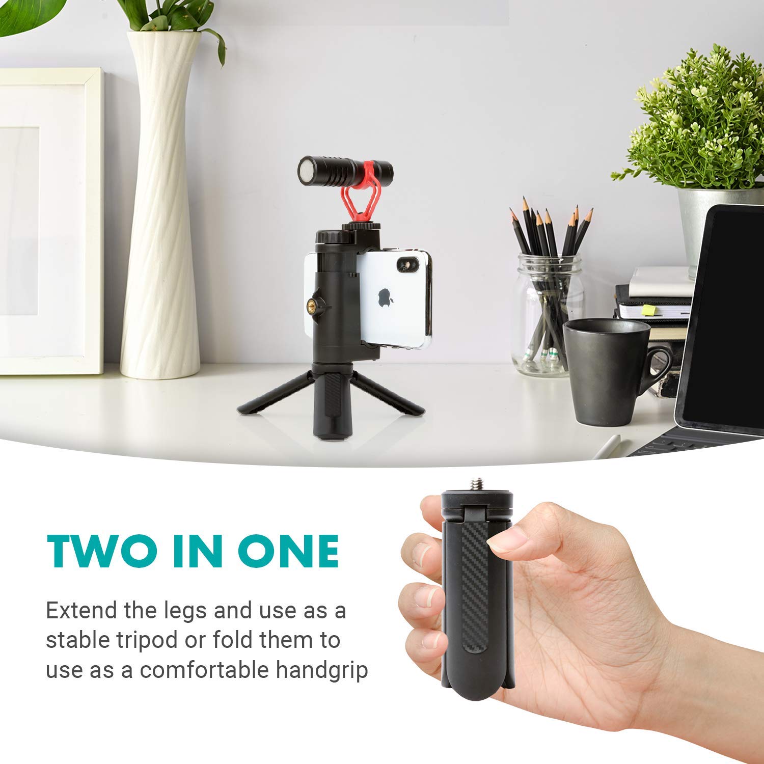 Movo Tr-1 Compact Mini Tabletop Tripod/Hand Grip With 1/4" Screw And Folding Feet. Compatible With Gopro, Dslr, Camera, Osmo, Pocket Projector, Zoom - Perfect For Photography, Vlogging And Youtube