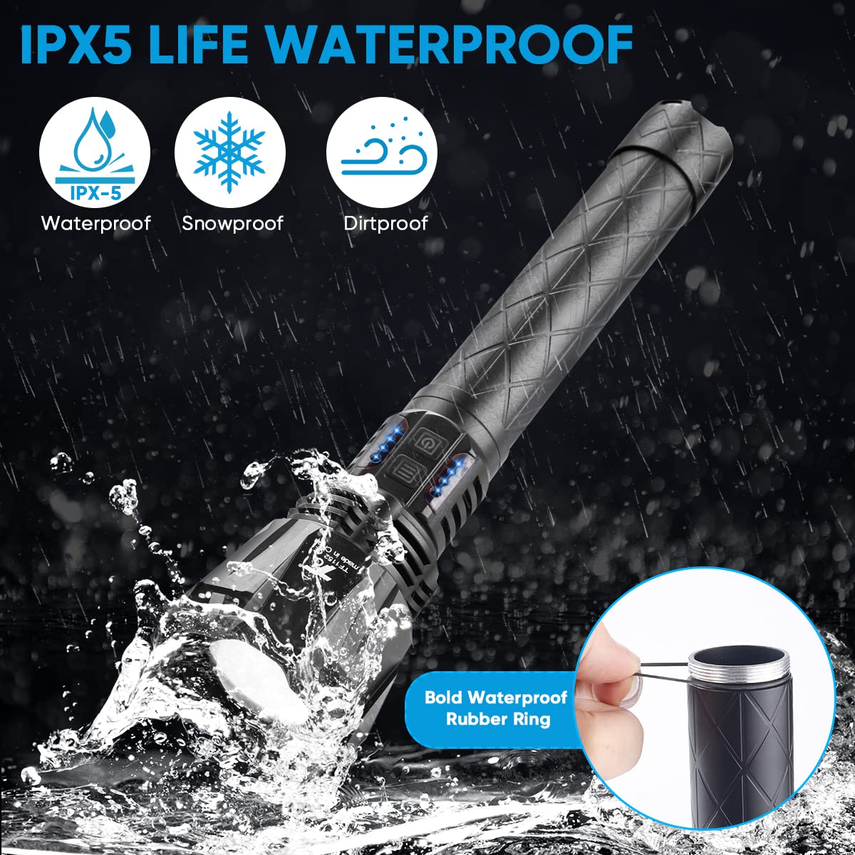 T6 Rechargeable Flashlights - 5 Modes Super Bright Flash Light For Camping Outdoor Emergency Home, 100000 Lumen High Power Led Torch Light Handheld Ipx65 Waterproof Tactical Flashlight Adjustable Zoom