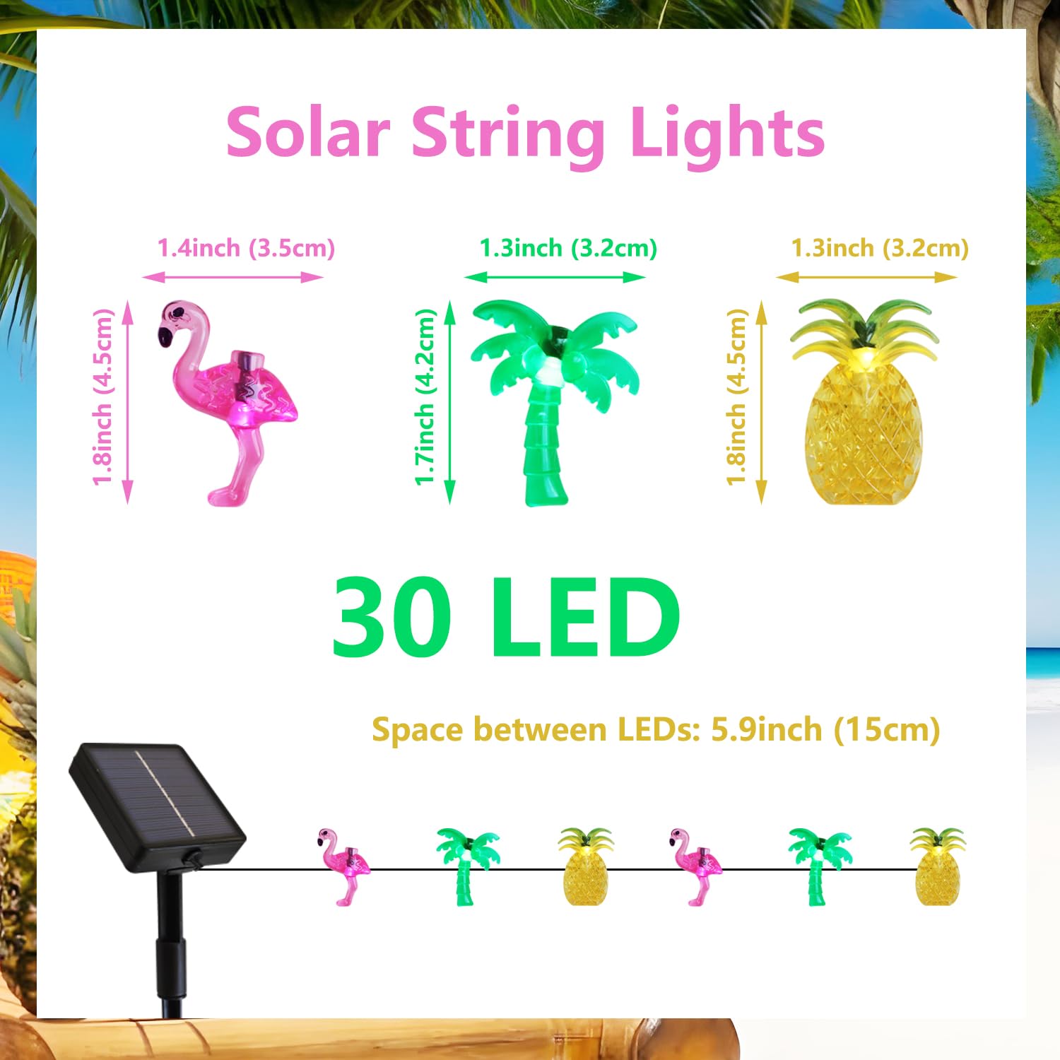 Curyidy Summer Tropical Party Decorations Hawaiian String Lights, 30Led Flamingo Pineapple Palm Tree Solar String Lights Outdoor, Beach Themed For Pool, Love Island, Luau Party Decor