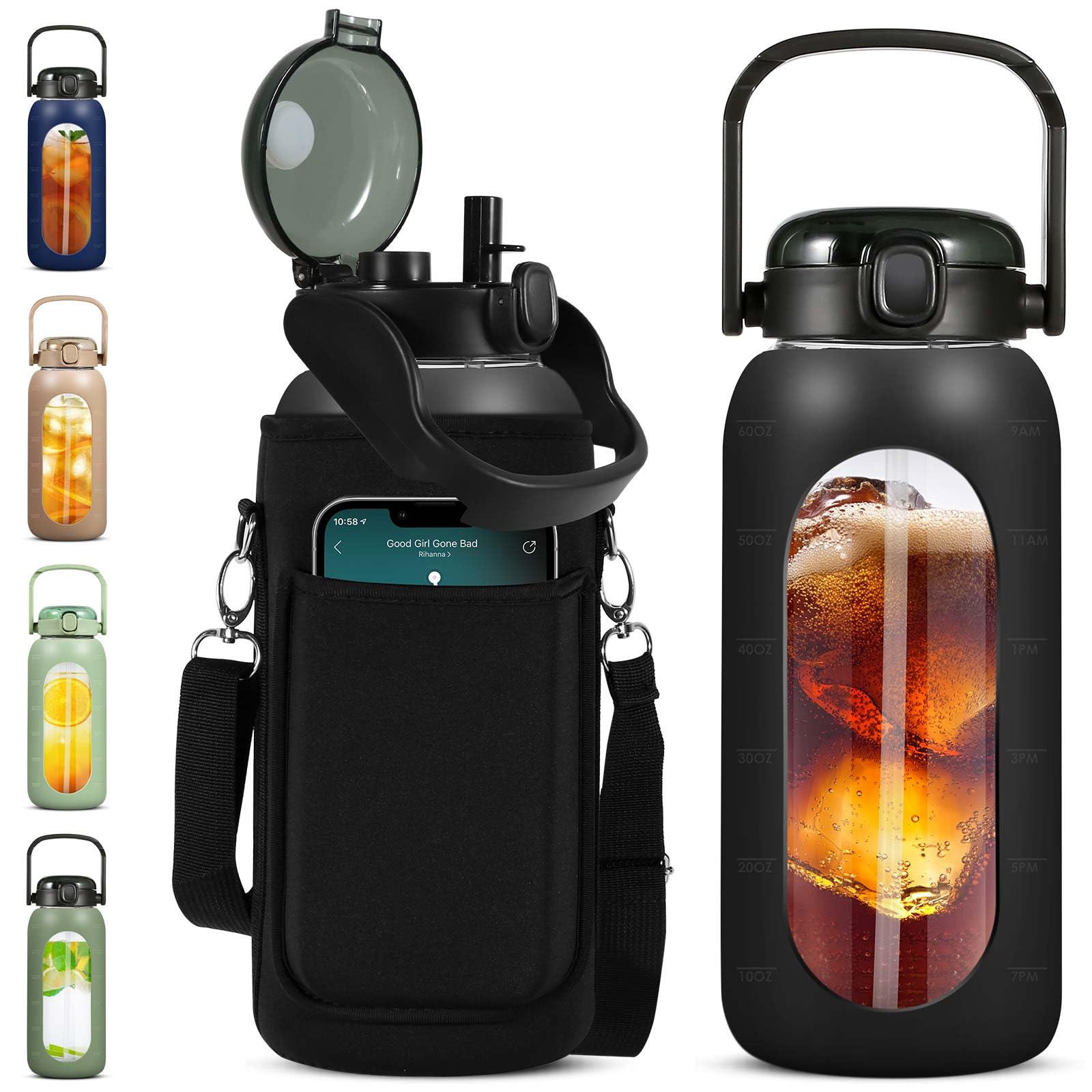 Glass Water Bottles 64 Oz With Time Marker - Half Gallon Water Bottle With Straw Handle