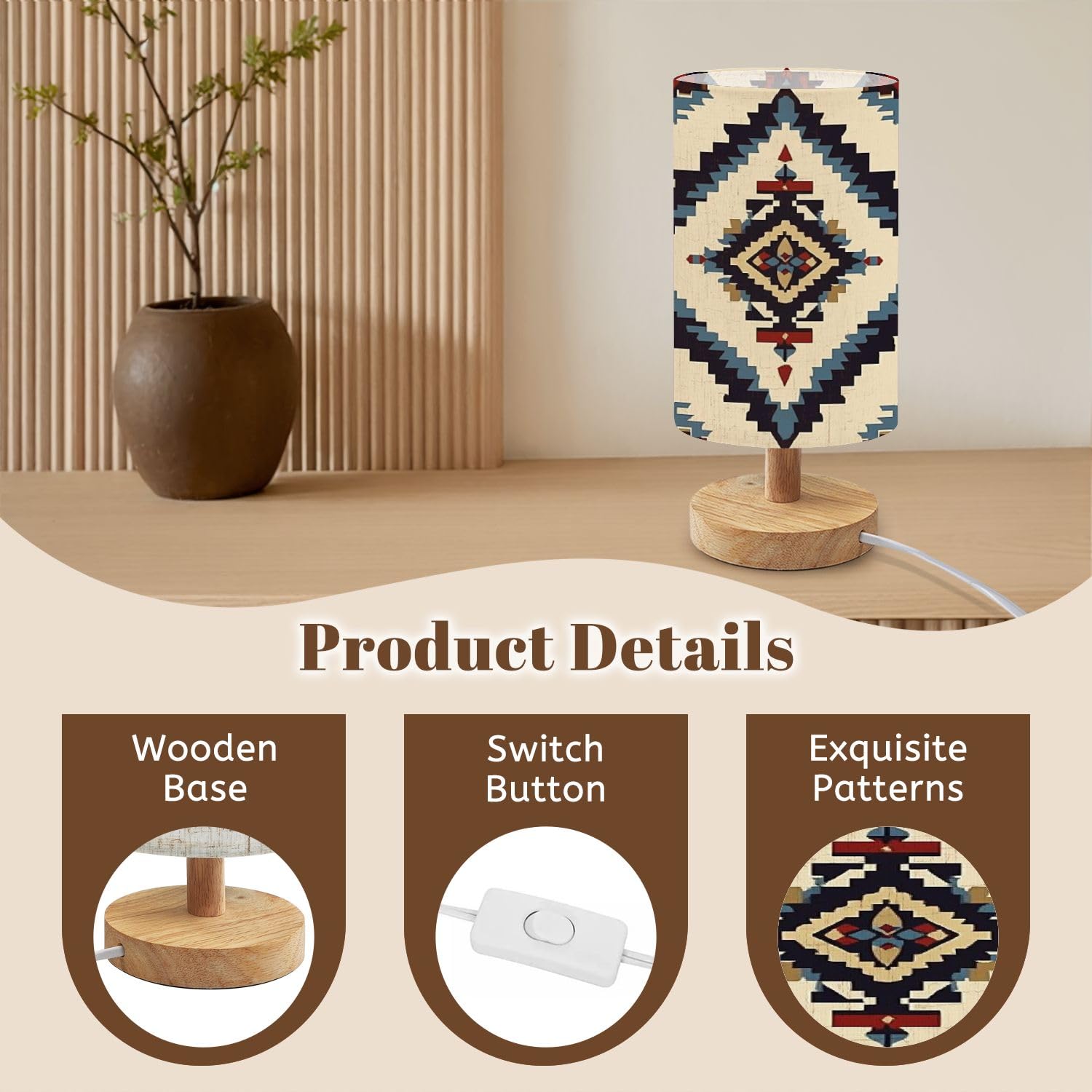 Bvcahsaw Bedside Table Lamp Seamless Navajo Aztec Mexican Native Tribal Fabric Pattern Geomatics Dimmable Desk Lamp With Flaxen Fabric Shade Wood Base Nightstand Lamp Small Lamp For Bedroom Living Room Home