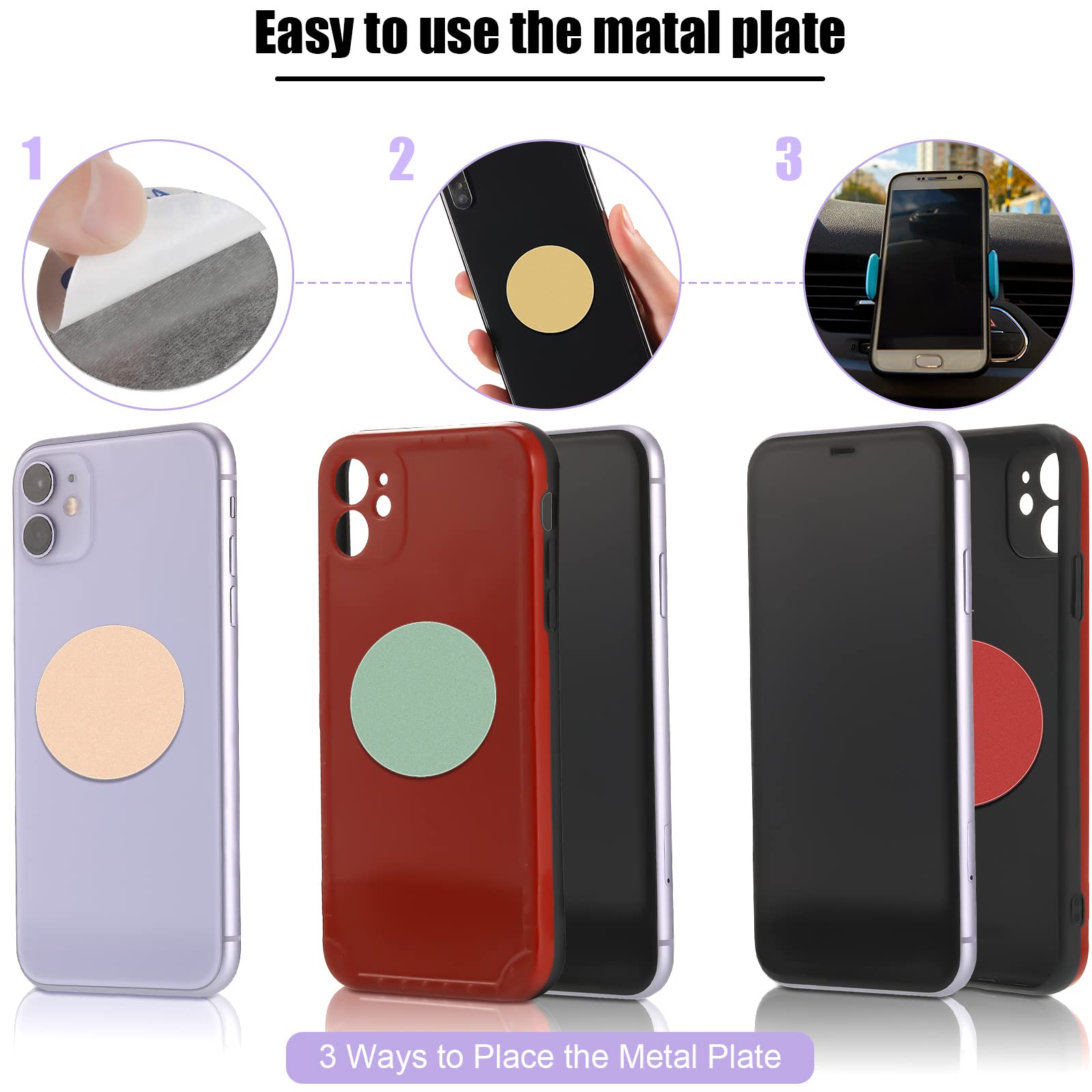 Photect 12 Pcs Phone Magnet Sticker Cell Phone Magnet Plate For Magnetic Car Mount Cellphone Holder Magnetic Metal Plate Round Adhesive Sticker(Yellow, White, Green, Purple, Red, Pink)