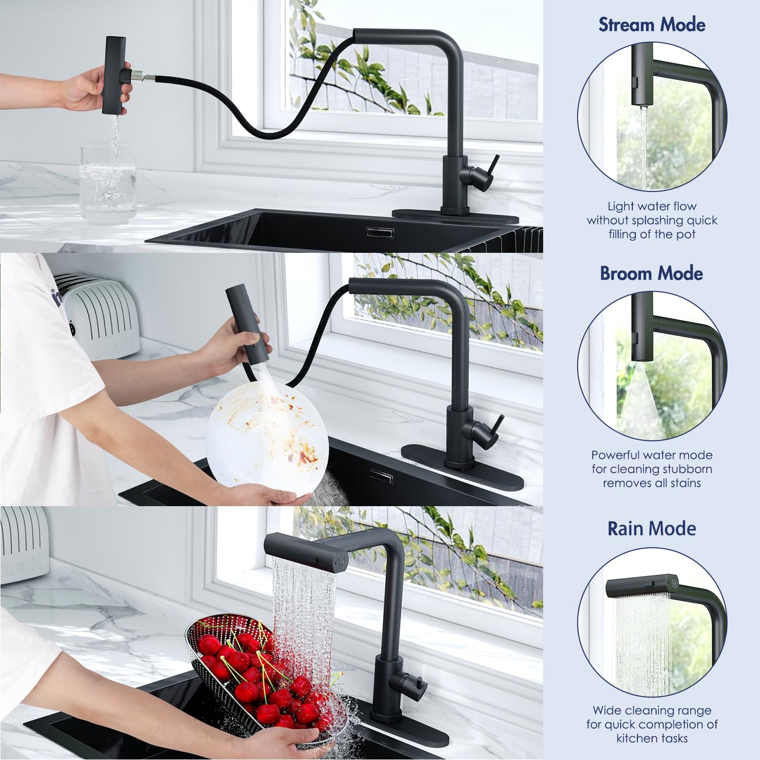Loread Kitchen Faucets With Pull Down Sprayer For 3 Function,Waterfall Kitchen Sink Faucet,Commercial Modern Single Handle Stainless Steel Kitchen Sink Faucets With Pull Down Sprayer