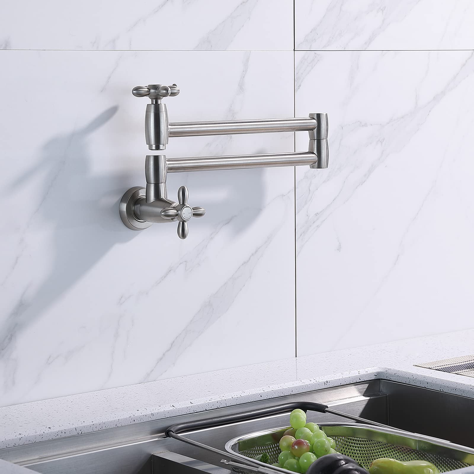 Kruzoo Pot Filler Brushed Nickel Kitchen Faucet Solid Brass Folding Wall Mount Stretchable Double Joint Swing Arm Single Hole 2 Handles Extending Arm，Pf02Bn