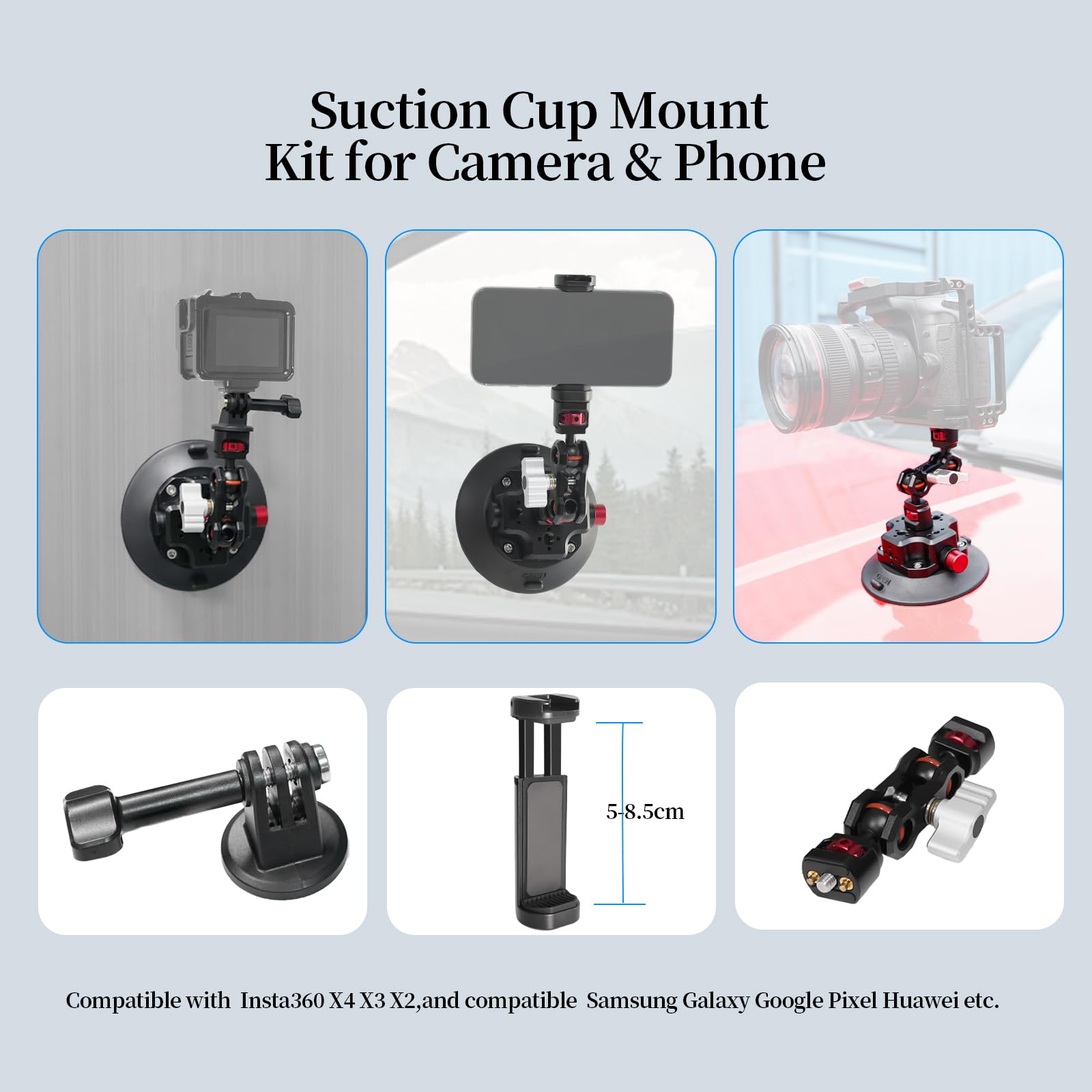 Fifield 4.5In Camera Suction Cup Phone Mount With Ball Head Magic Arm, Quick Release Car Mount For Action Camera Phone Dji Insta360, Air Pump Vacuum Suction Cup, 1/4" 3/8" Arri Holes