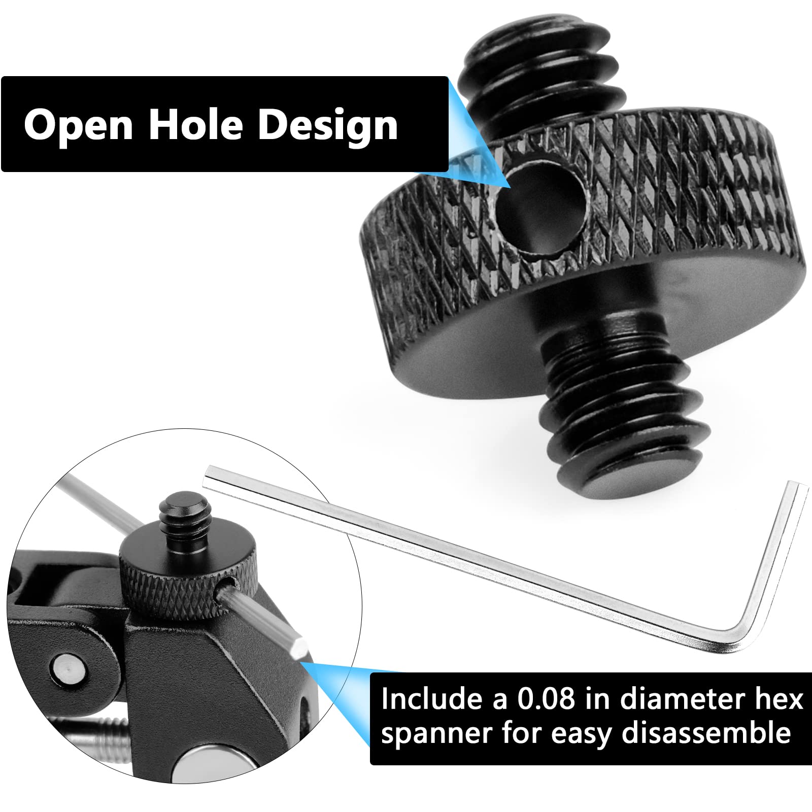 Sanchamy 1/4" Male To 1/4" Male Threaded Tripod Screw Adapter Standard Mounting Thread Converter W/Hole For Camera Cage Mount Light Stand Monopo Shoulder Rig Tripod-6 Packs(Hex Wrench Included)