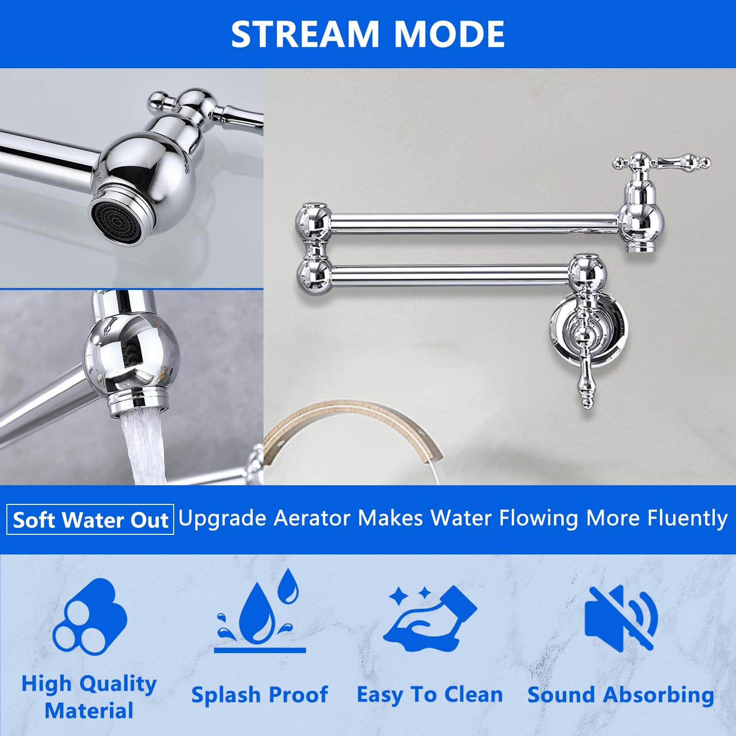 Vacolitel Pot Filler Wall Mount Folding Stretchable Kitchen Restaurant Faucet Brass Pot Filler Double Joint Swing Arm Two Handles (Chrome)