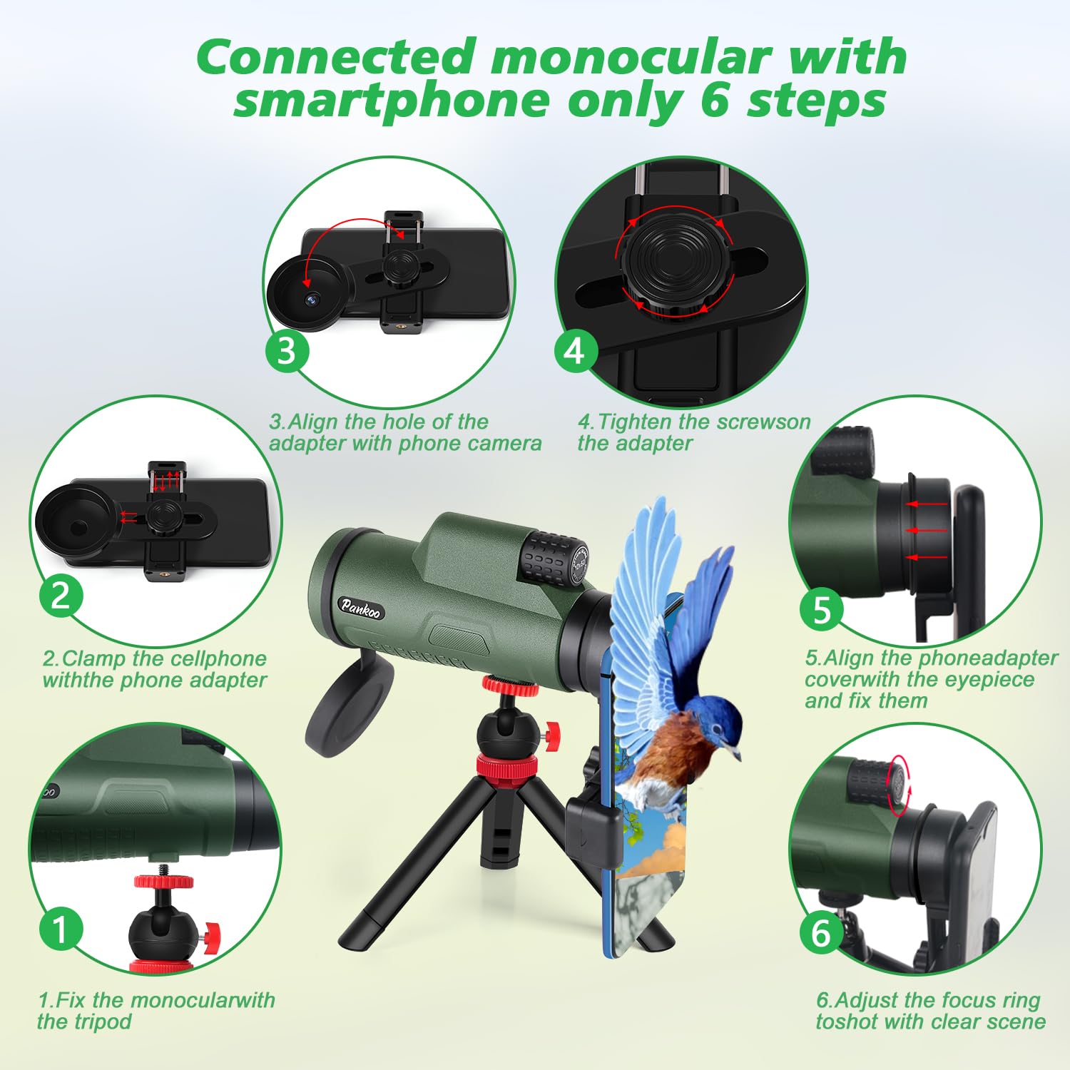 Pankoo 12X50 High Magnification Monocular For Adults - With Smartphone Adapter, Tripod & Hand Strap - Bak4 Prism & Fmc Lens - Suited For Birding, Sports, Hiking & Travel