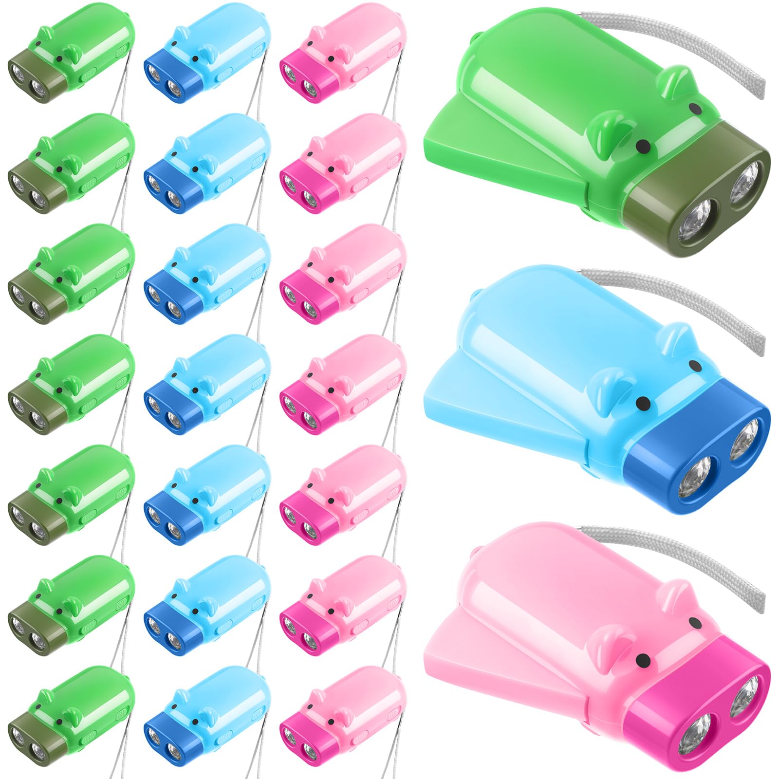 Tujoe 24 Pack Hand Crank Flashlight Bulk No Battery Pig Wind Up Flashlights With Portable Wrist Rope For Emergency Preparedness Camping Power Outages Backpacking And Outdoor Adventures 3 Colors