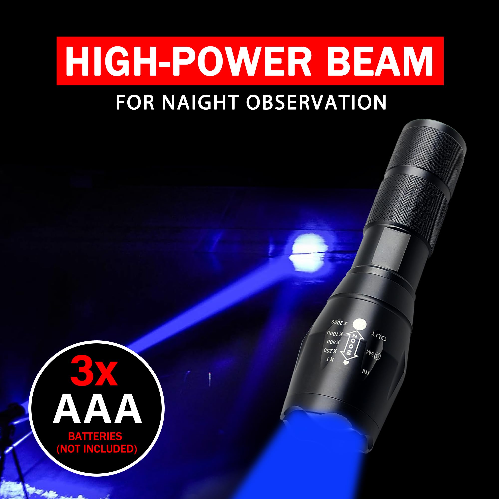 Souyos High Power Blue Led Flashlight,Zoomable Long Range Single Mode Blue Light Flashlights For Night Deer Hunting Fishing