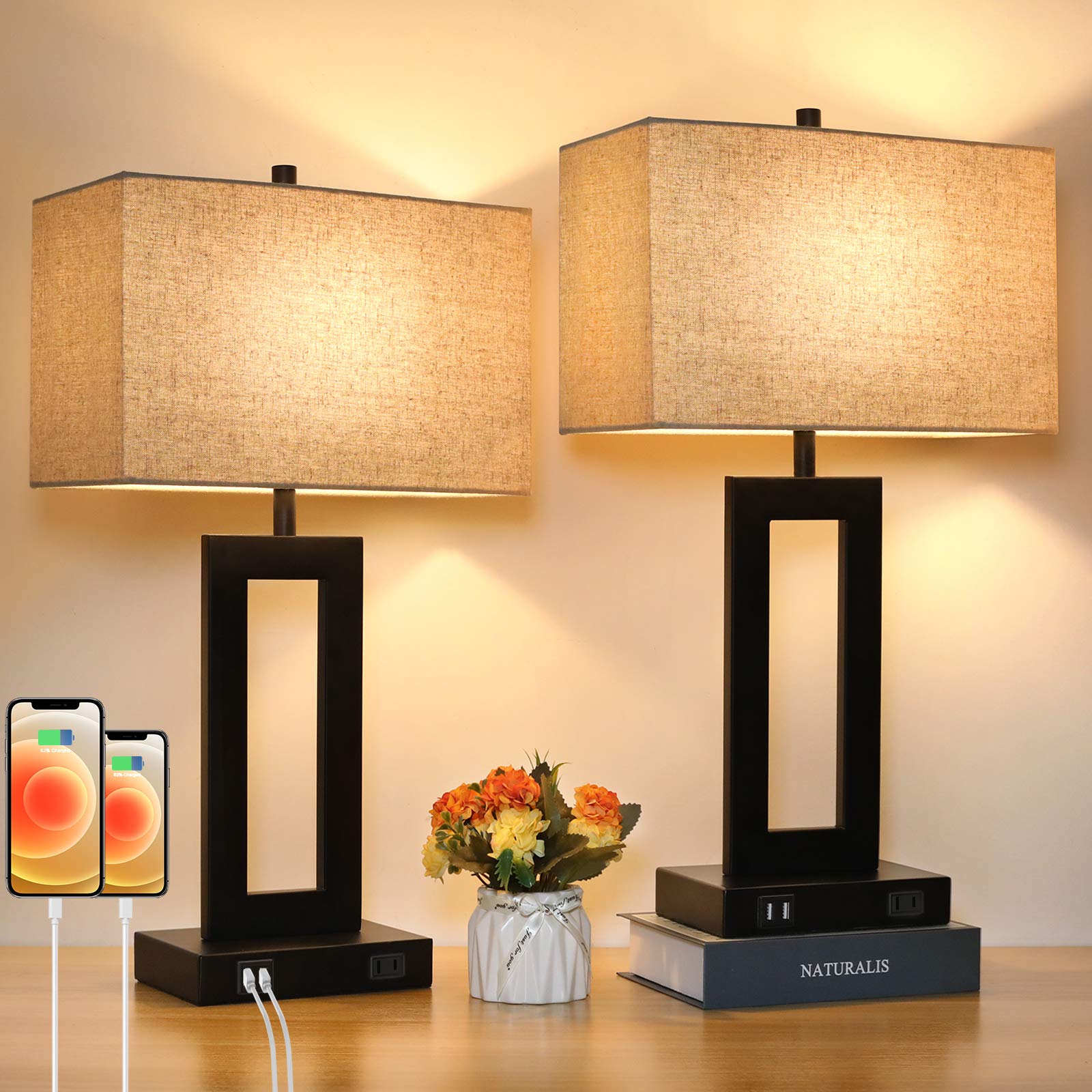 Tobusa Set Of 2 Touch Control Table Lamp With 2 Usb Ports, 3-Way Dimmable Modern Nightstand Lamp Sets Bedside Touch Desk Lamp With Fabric Cream Shade For Bedroom Table Living Room Reading, Included Bulbs