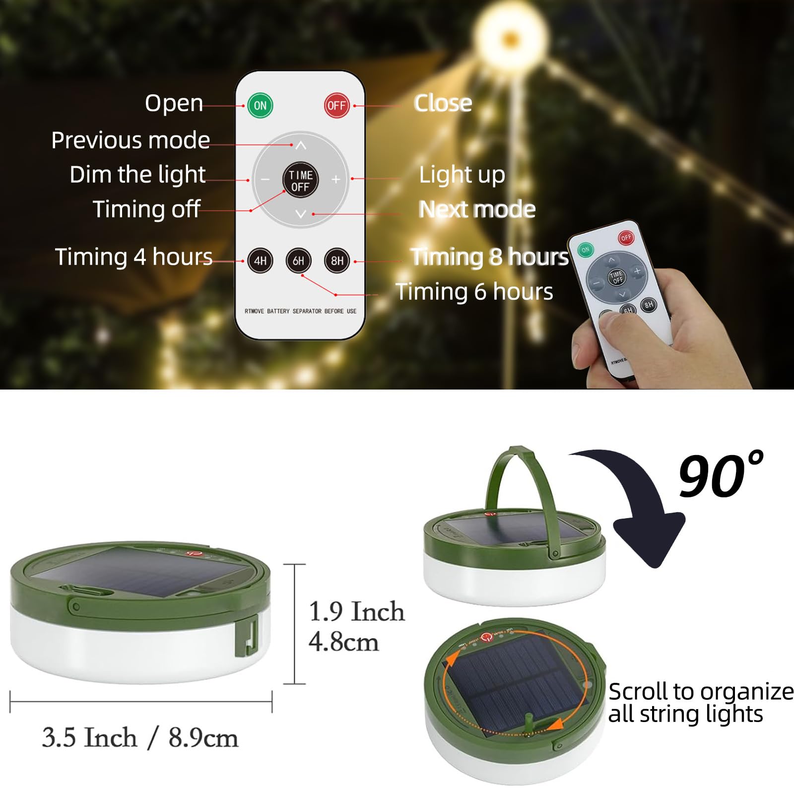 Janhaley Solar Camping String Lights, 39Ft 120Led Stowable String Lights With 8 Lighting Modes, Usb Rechargeable, Ip64 Waterproof Solar String Lights For Outdoor, Indoor, Home, Rv, Garden, Patio, Warm White