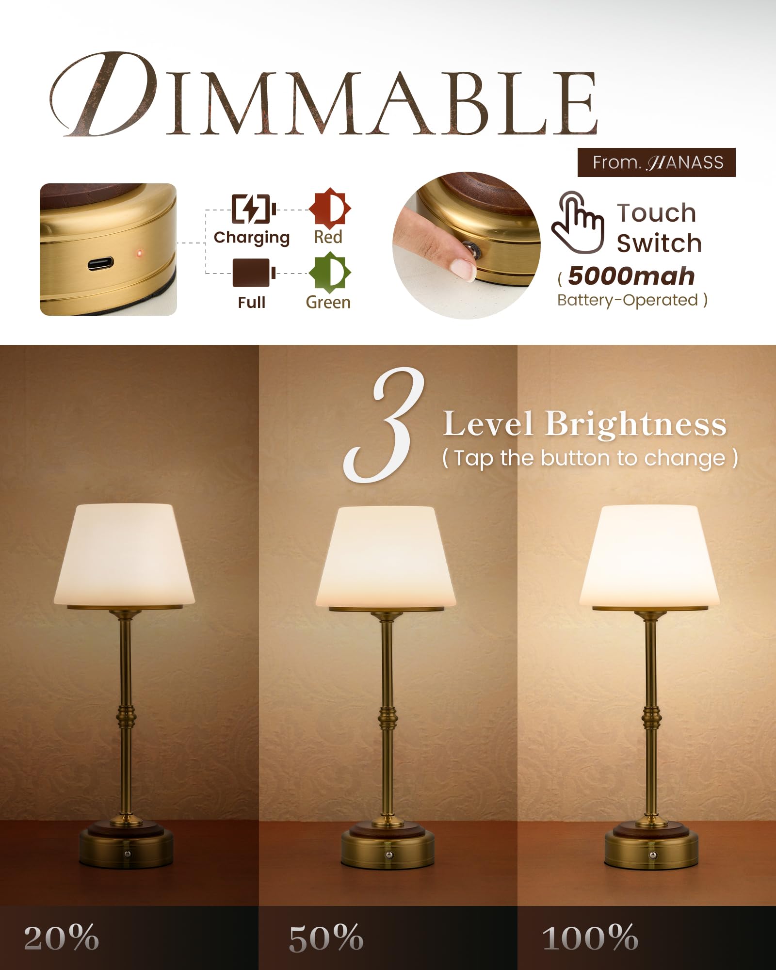 Hanass Cordless Led Table Lamp, Dimmable Bedside Lamp With Solid Wood Base Built-In Rechargeable Battery, Patio Wireless Table Lamp, Bedside Night Lamp For Restaurant, Antique Brass, Mt2316