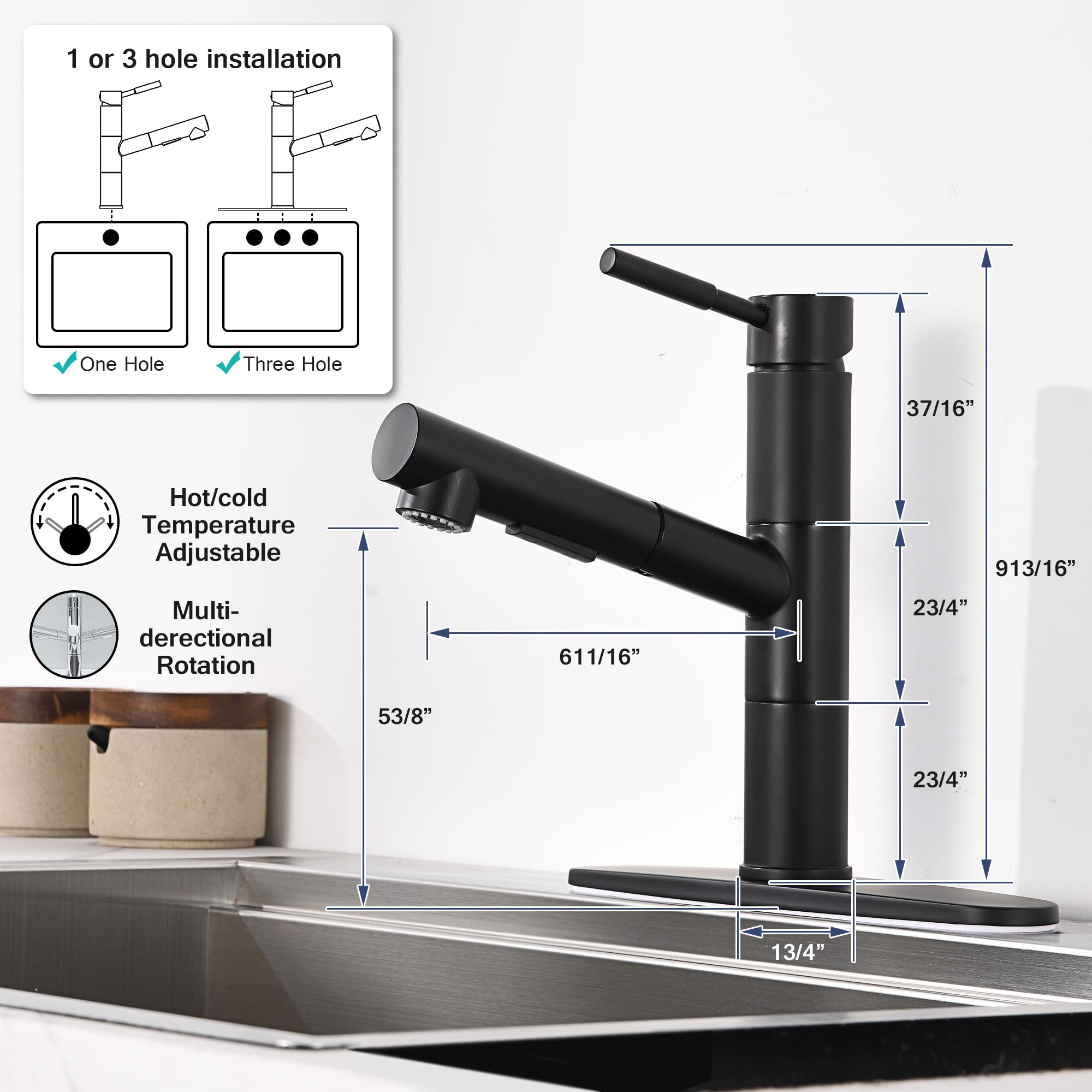 Fropo Black Kitchen Faucet With Sprayer, Black Kitchen Sink Faucet With Pull Down Sprayer, Modern Stainless Steel Bar Sink Faucet Rv Kitchen Faucet With Deck Plate 2 Modes Spray Spot Resist