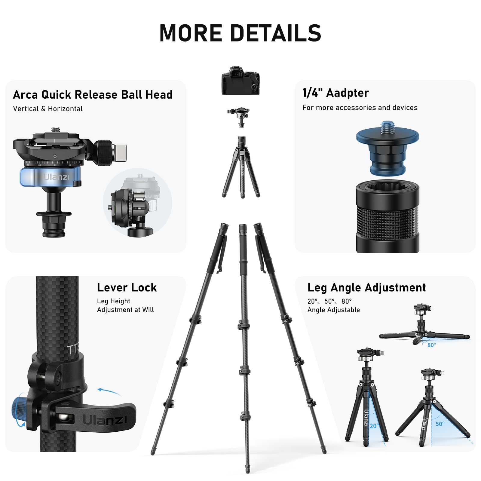 Ulanzi Tt35 Hiking Stick Tripod Kit, Travel Camera Monopod, 57.48" Detachable Carbon Fiber Stand Kit With 3 Hiking Pole & Mini Tripod & Removable Arca Qr For Dslr Camera Camcorder