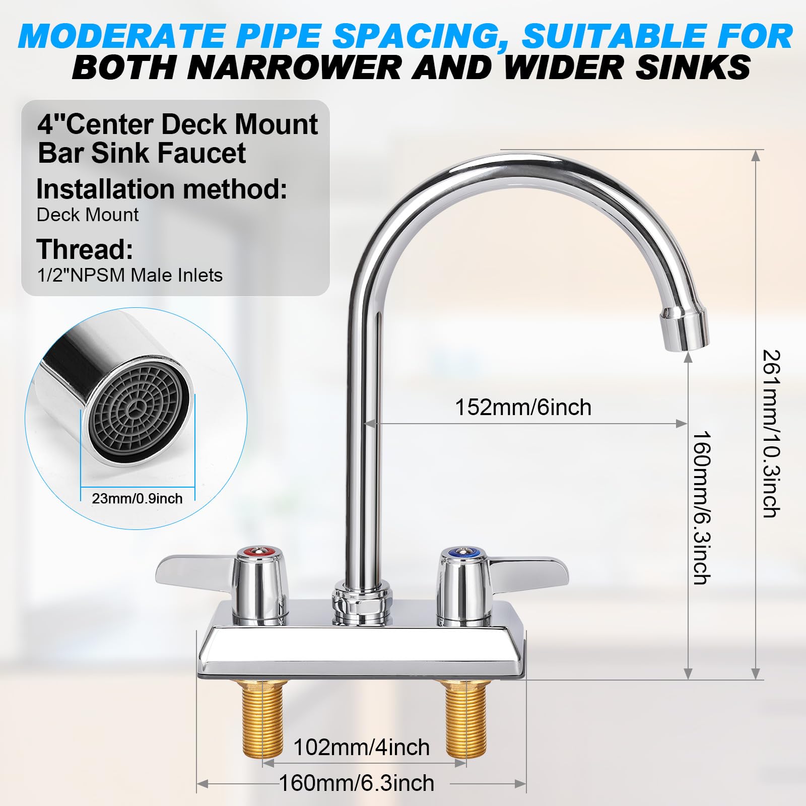 Bietor Commercial Bar Sink Faucet,4 Inch Center Deck Mount Utility Sink Faucet， 2 Hole Brass Constructed,Chrome Polished With 6" Gooseneck Spout And 90°Rotatable Dual Lever Handles.