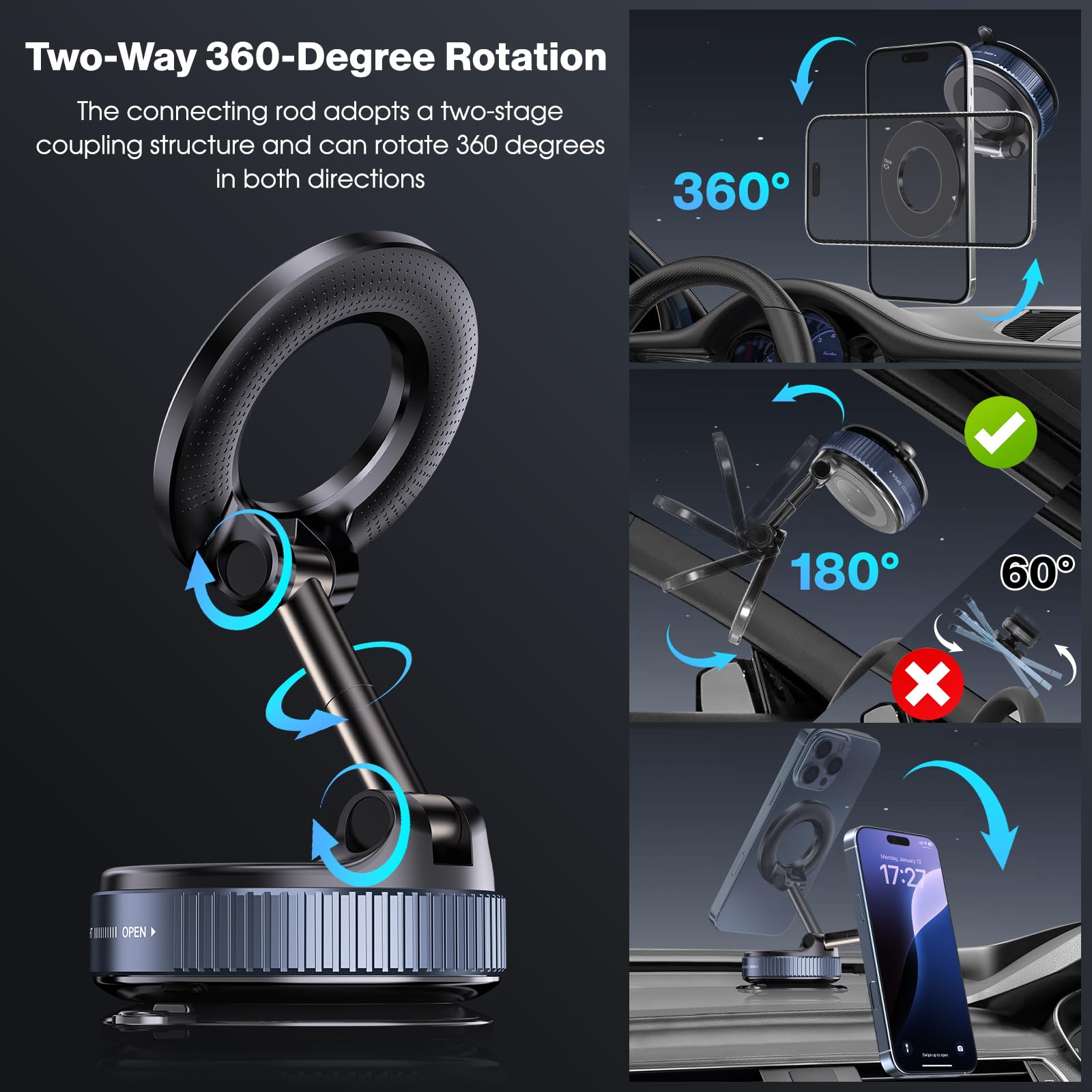 Jikasho Vacuum Magnetic Suction Phone Holder, Foldable And Retractable Hands- Suction Cup Phone Mount For Car/Gym/Mirror/Smooth Surface, Compatible With Iphone Android And All Smartphones (Black)