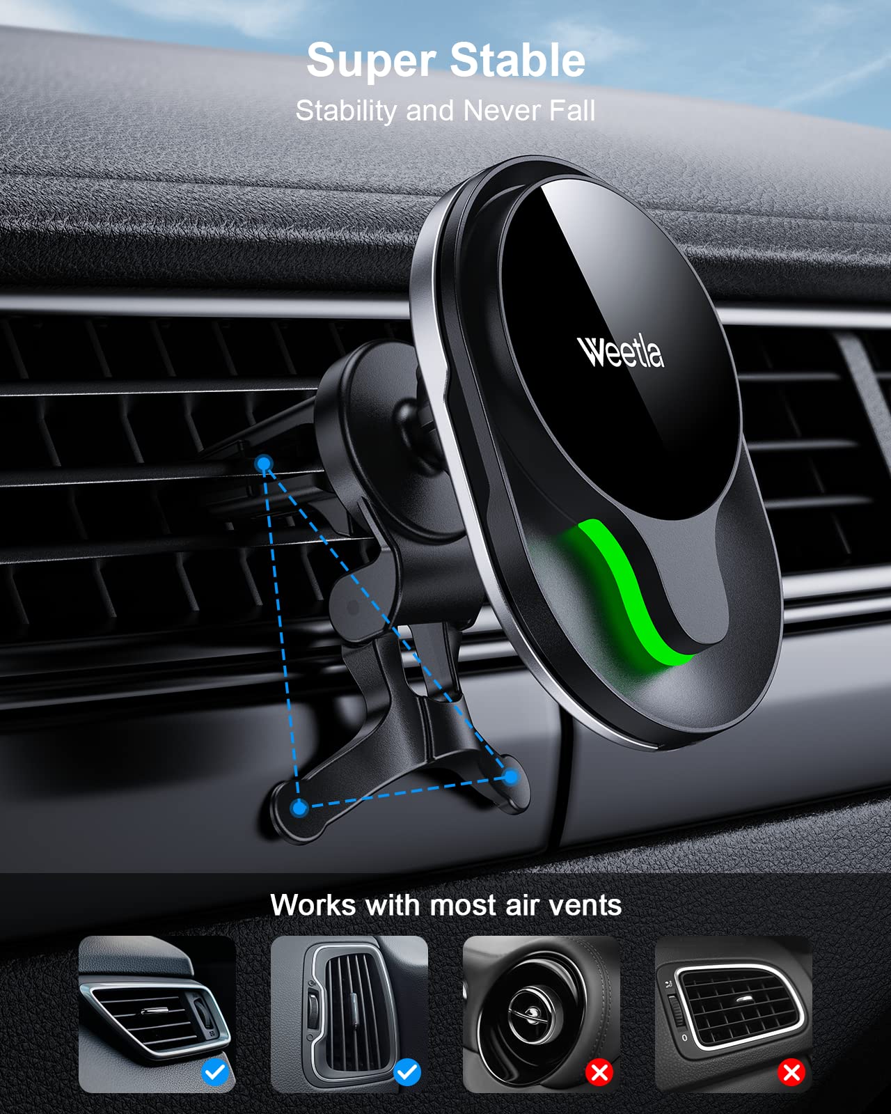 Weetla Fits Iphone Magsafe Car Mount Charger,Magnetic Wireless Car Charger For Air Vent Mount Compatible With Iphone 14/13/12 Series And Magnetic Cases,Black