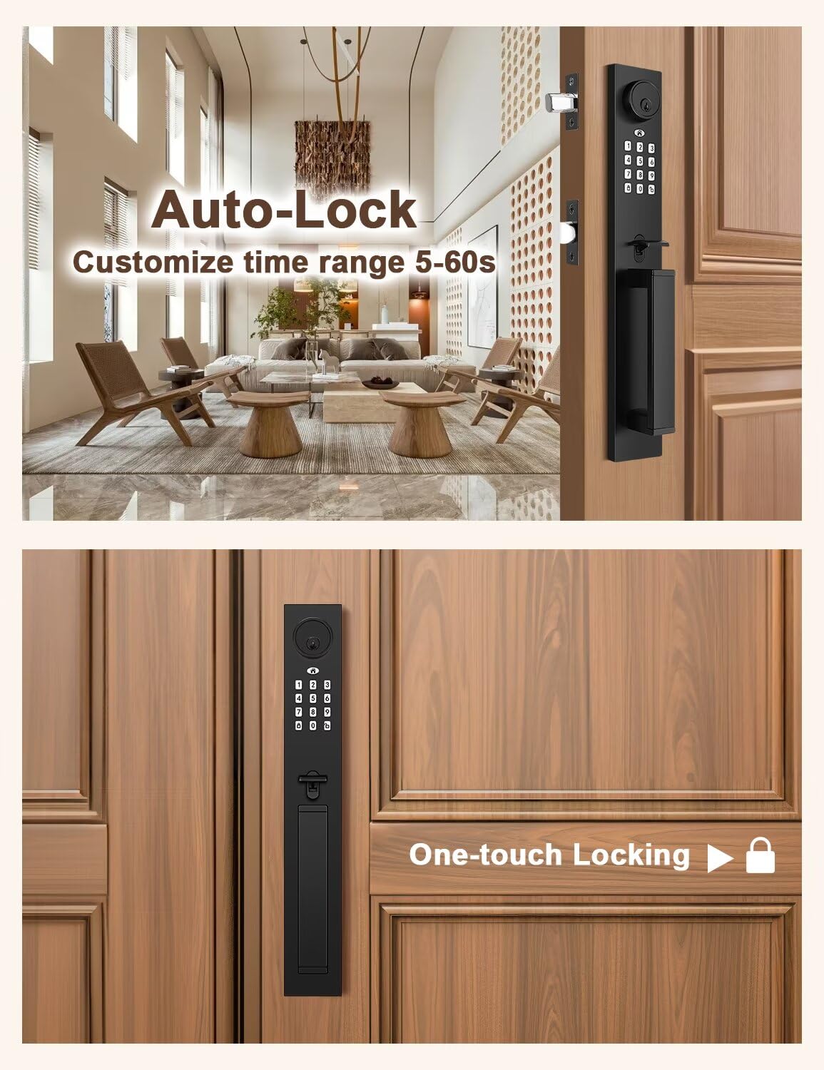 Tia Keyless Entry Door Lock With Lever, Full Escutcheon Smart Door Handle, Digital Keypad Deadbolt With App, Front Door Handleset With Single Cylinder Deadbolt And Lever, Auto Locking, Black Finish