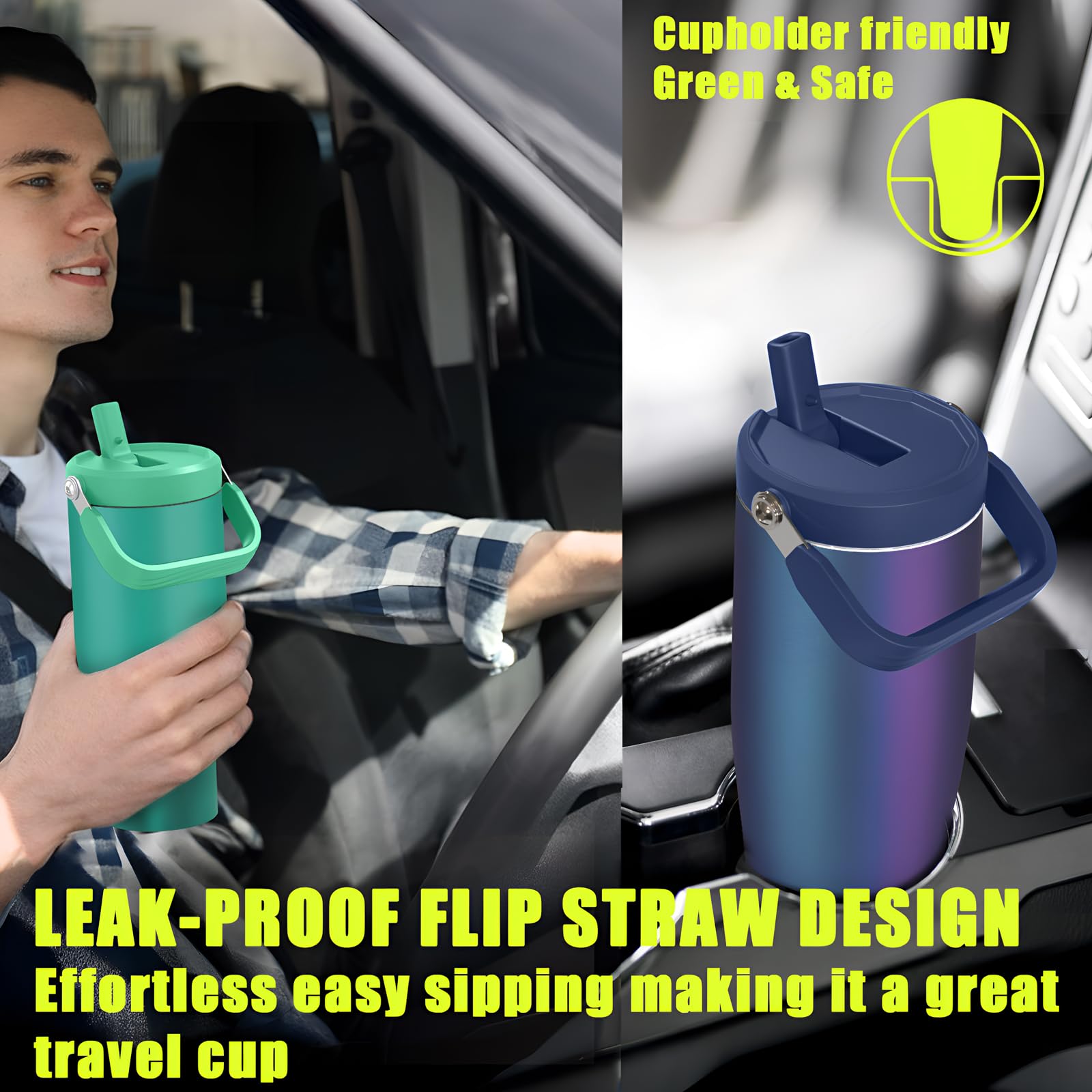 Zukro 40 Oz Tumbler With Flip Straw, Triple-Wall Easy-Carry Insulated Water Bottles With Top Handle