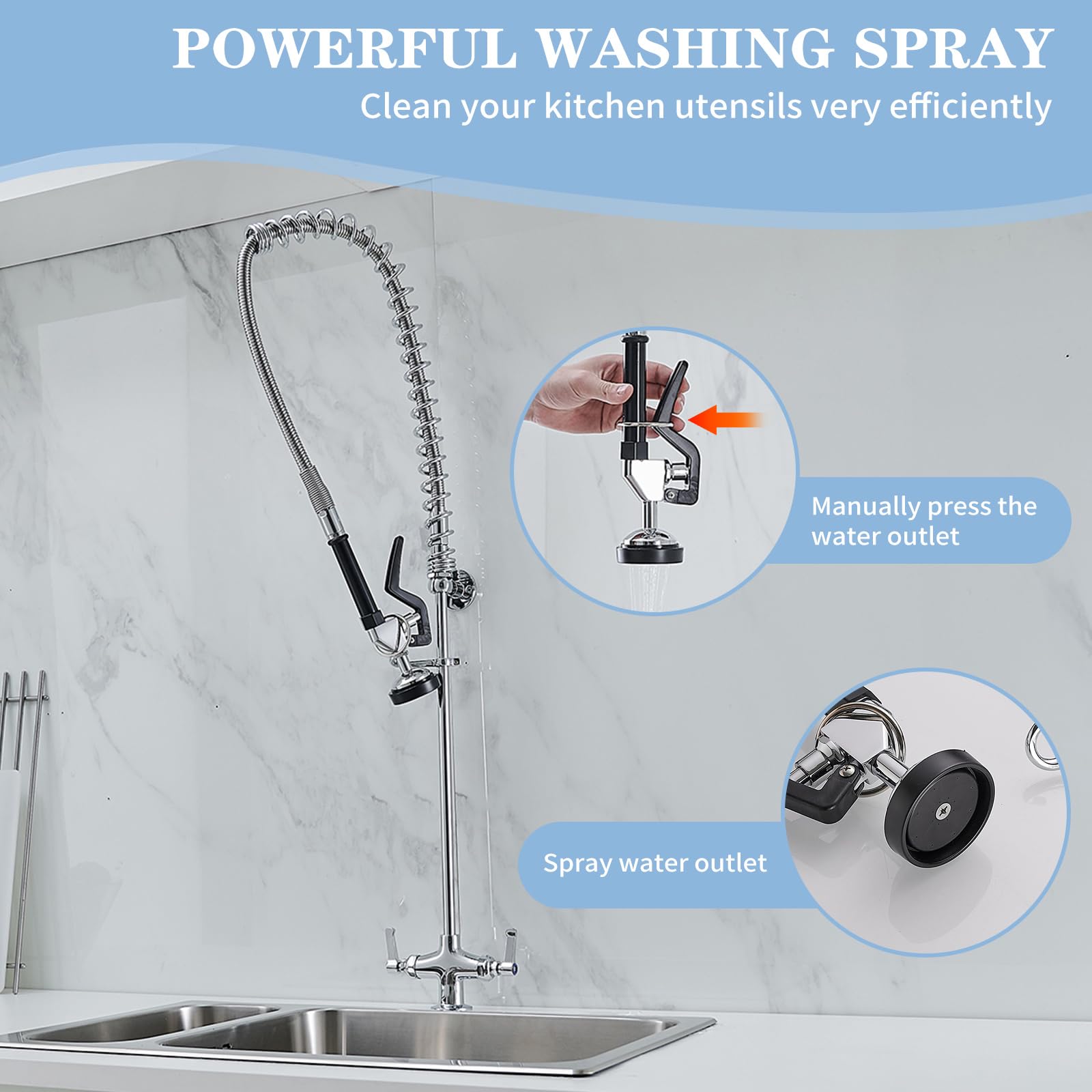 Bathfinesse Commercial Sink Faucet With Sprayer 39" Height Deck Mount Single Hole Double Handle Coiled Spring Pull Down Spray Pre Rinse Restaurant Kitchen Faucet With High Pressure Spray Valve