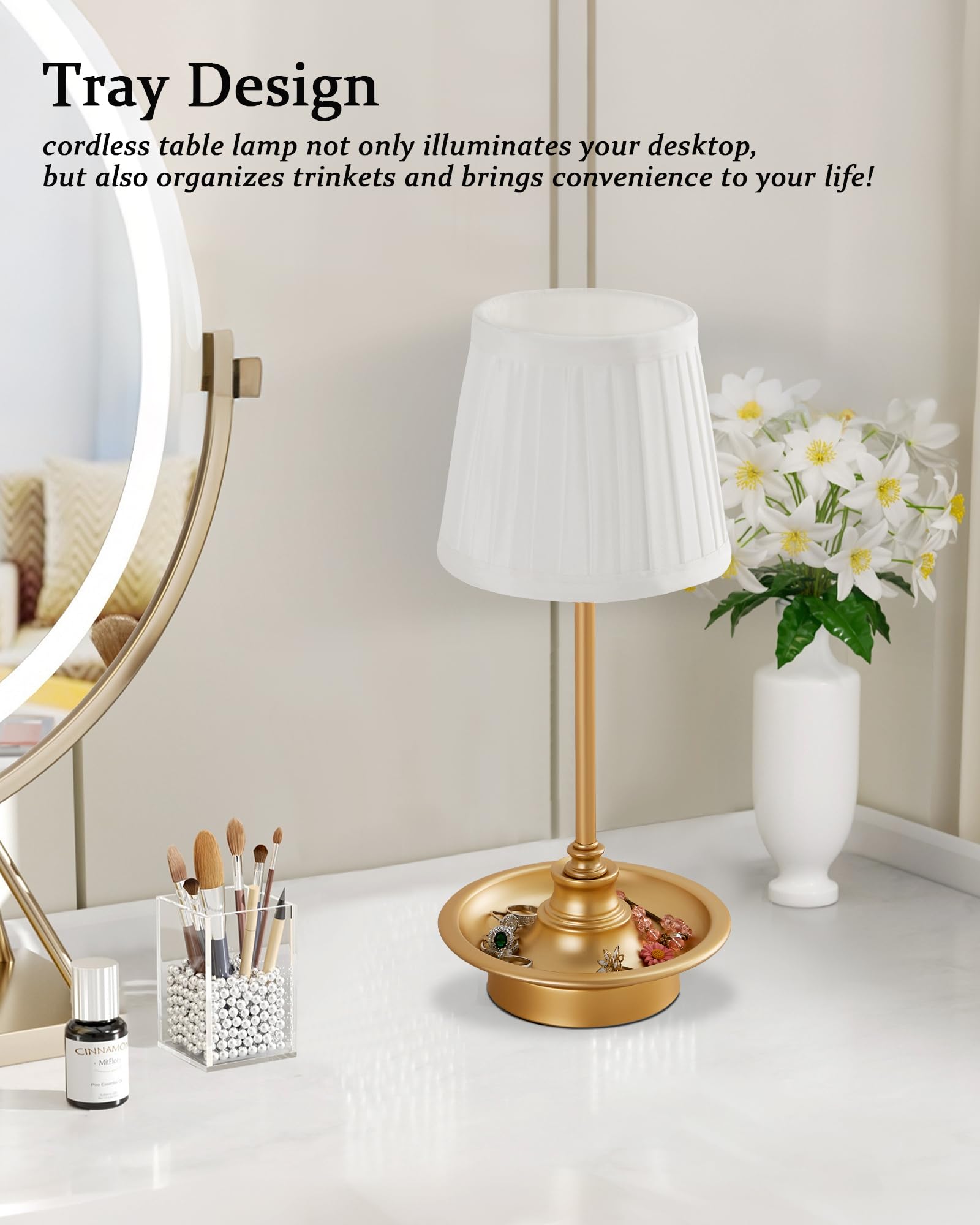 Gyrovu Cordless Table Lamp Rechargeable, Battery Operated Led Table Lamps, Portable Touch Wireless Lamp, 3-Level Brightness Small Bedside Table Lamp Bedroom Ambient Lamp For Restaurant (Fabric Shade)