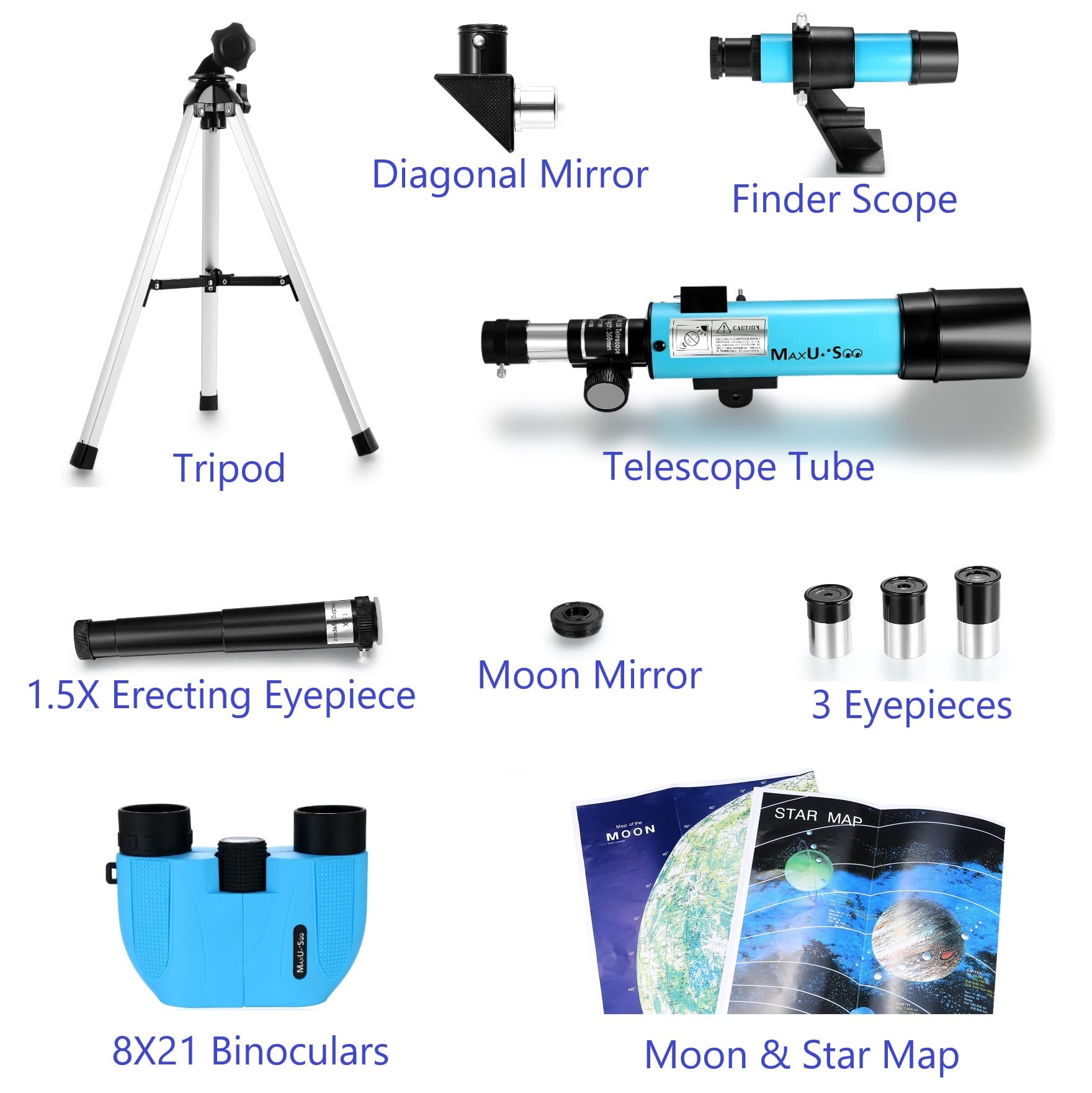 Maxusee Lunar Telescope For Kids And Astronomy Beginners, Refractor Telescope With Finder Scope And 3 Eyepieces, Travel Telescope With Compact Hd Binoculars For Moon Viewing Bird Watching Sightseeing