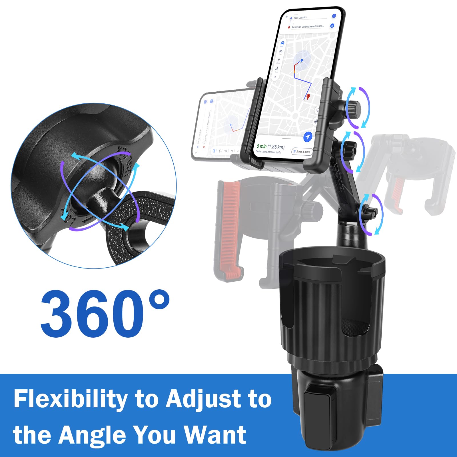 Degum  Cup Phone Mount For Car, [Super Stable] 2 In 1 Car Cup Holder Expander With Offset Adjustable Base, Cell Phone Cup Holder Mount For Car Compatible With All Smartphones