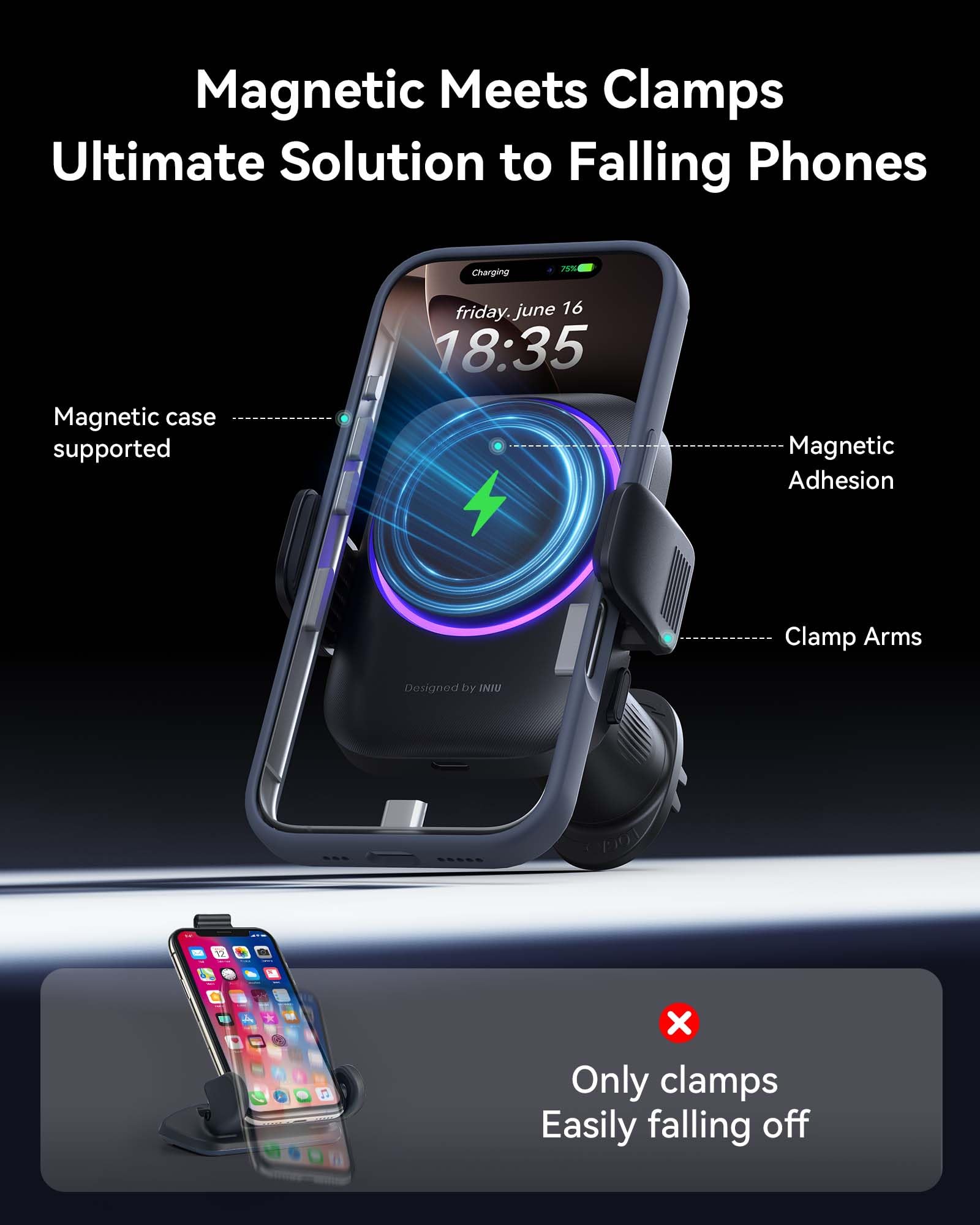 Iniu For Magsafe Car Mount Charger, Qi2  15W Wireless Car Charger, Ultra Strong Magnet, Car Phone Mount With Cooling Fan, Air Vent Dash Phone Holder Mount For Iphone 16 15 14 13 12 Series
