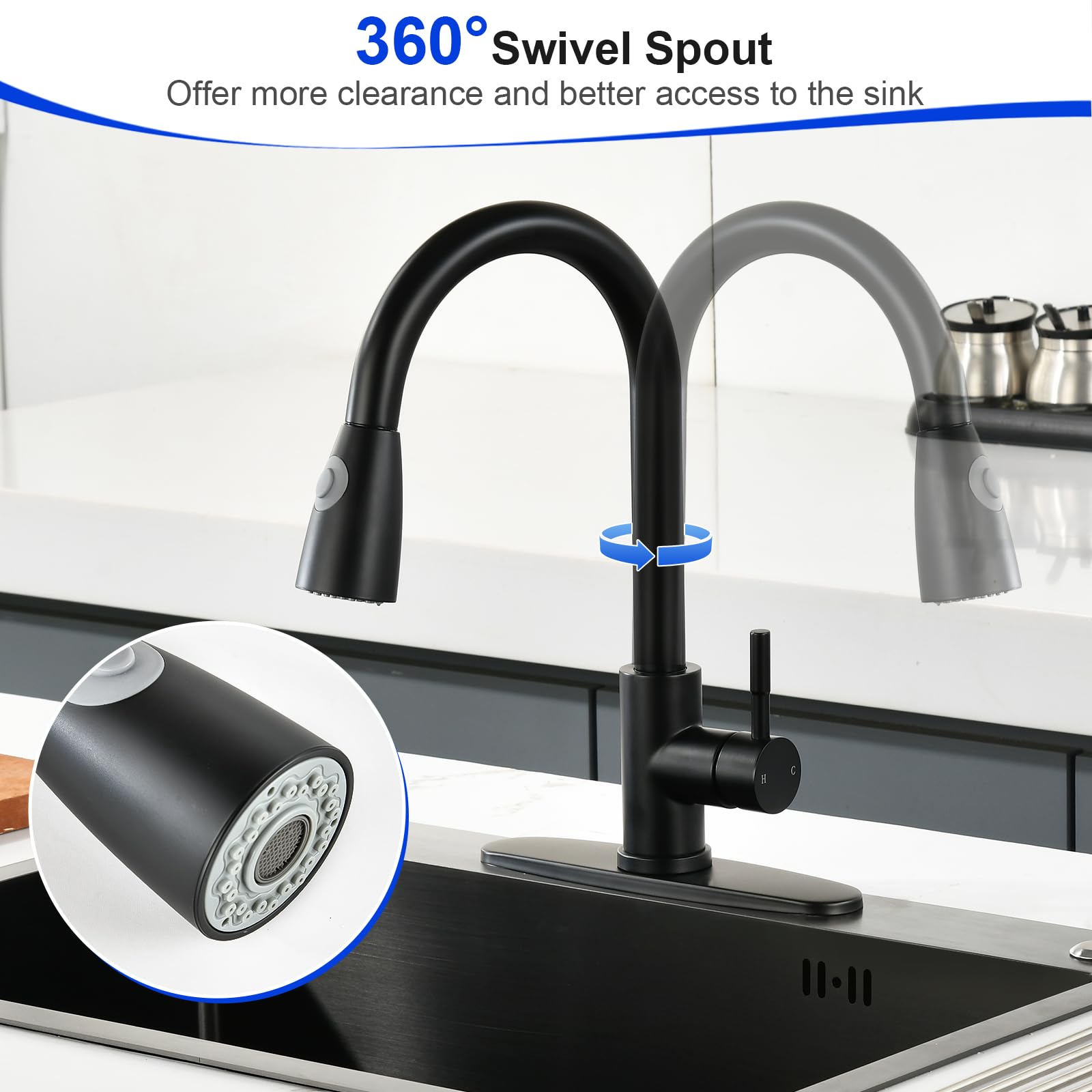 Nohalipy High Arc Matte Black Kitchen Faucet,Black Stainless Steel Kitchen Faucets,Pull Down Sprayer Faucet For Kitchen Sink,Single Handle Commercial Kitchen Faucet For Sink 1/3 Hole With Deck Plate