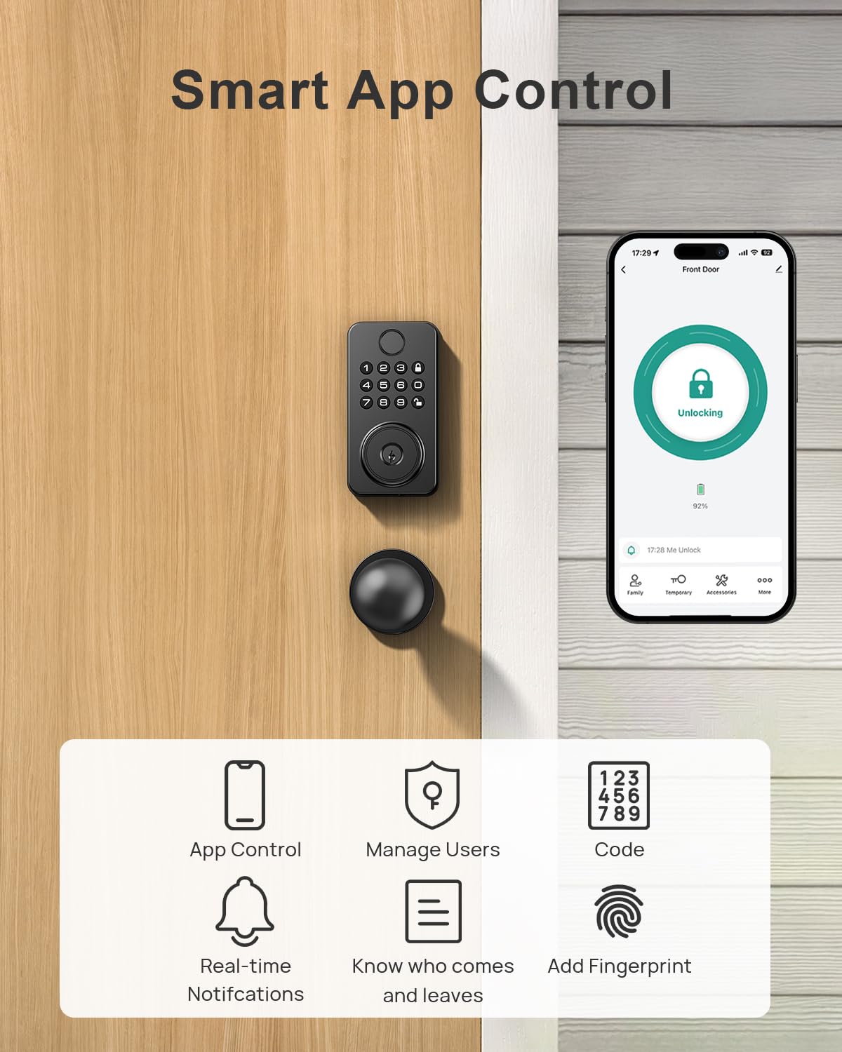 Nbbx Fingerprint Door Lock With Knobs, Keyless Entry Deadbolt With Auto Lock, Keypad And App Support For Front Door And Bedroom, Easy To Install – N201