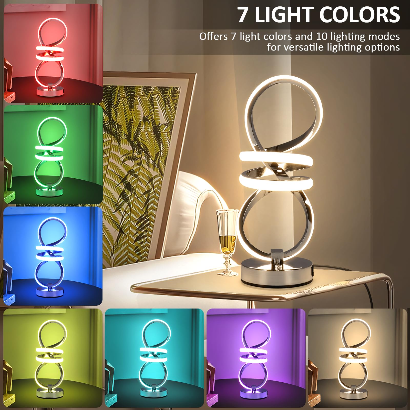 Eidisuny Rgb Spiral Table Lamp, Modern Led Table Lamp, Chrome Cool Bedside Lamps, 7 Colors & 10 Light Modes Touch Dimmable Led Nightstand Lamp With Usb/Type C For Bedroom, Living Room,Silver
