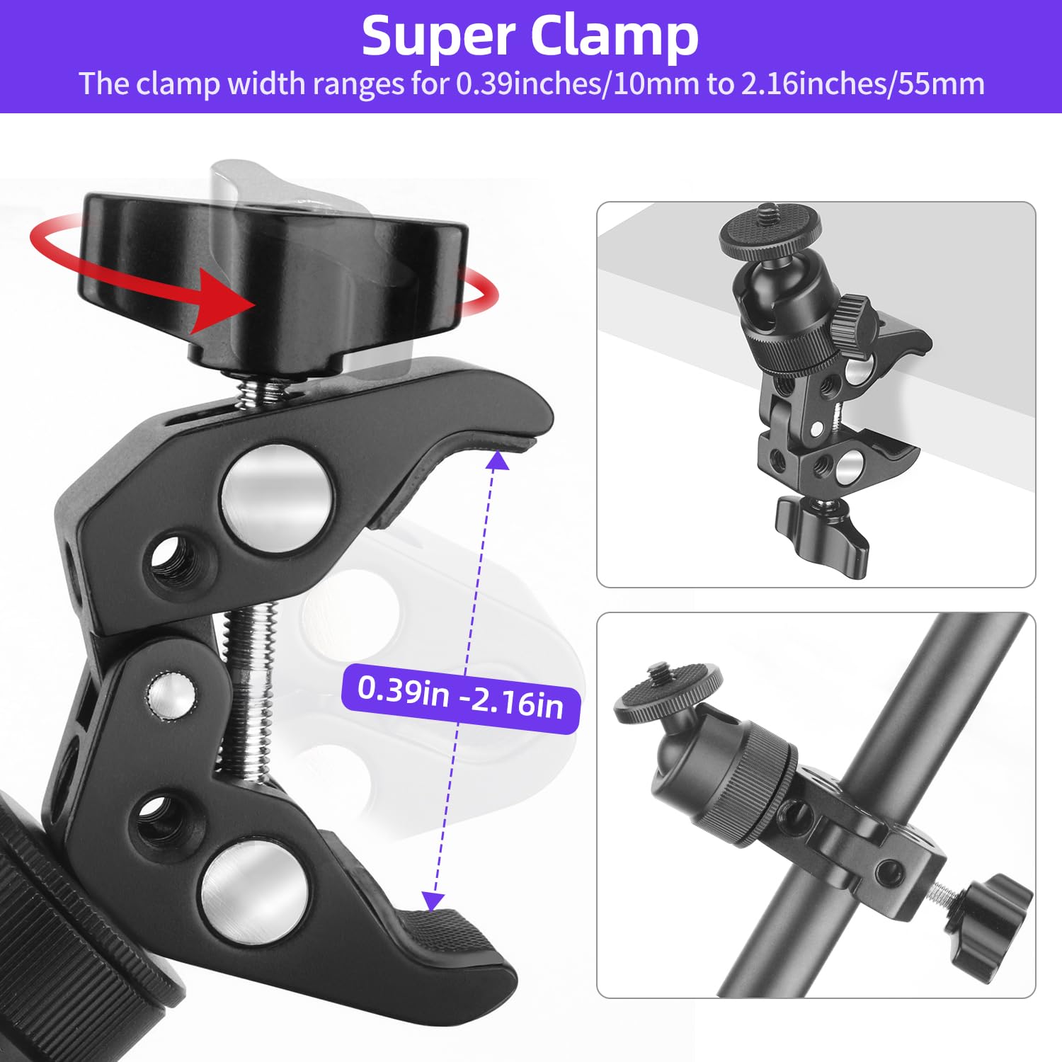 Jinsui Super Clamp Camera Mount With 360° Ball Head, Action Camera Adapter, 1/4"-3/8" Thread, 6.6 Lb/3 Kg Load-Bearing Motorcycle Bike Bicycle Pole Tube Tripod Desk Camera Mount For Light Insta360 Dslr