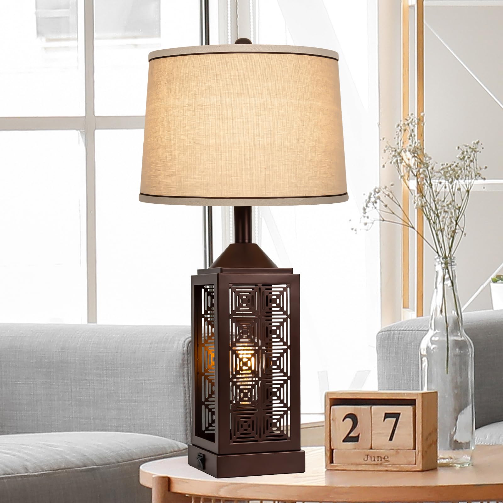 Roravilila Brown Bedroom Lamps With Dual Usb Ports Set Of 2, Farmhouse Living Room Table Lamps With Up&Down Lights For Bedside Night Stand, 25” Oil Rubbed Bronze