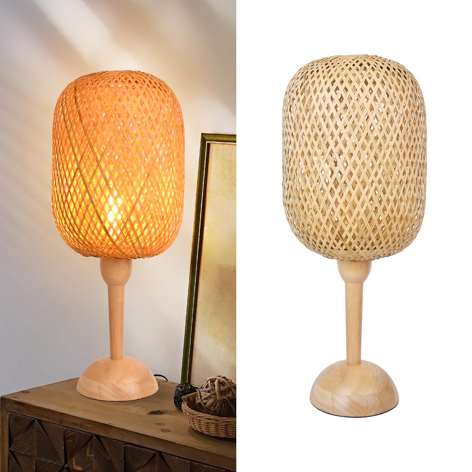 Arturesthome Large Bamboo Weaving Table Lamp With Wooden Base Eye-Caring Bedside Night Light,Wicker Table Lamp Rustic Desk Lamp For Kids Room,Home Decor