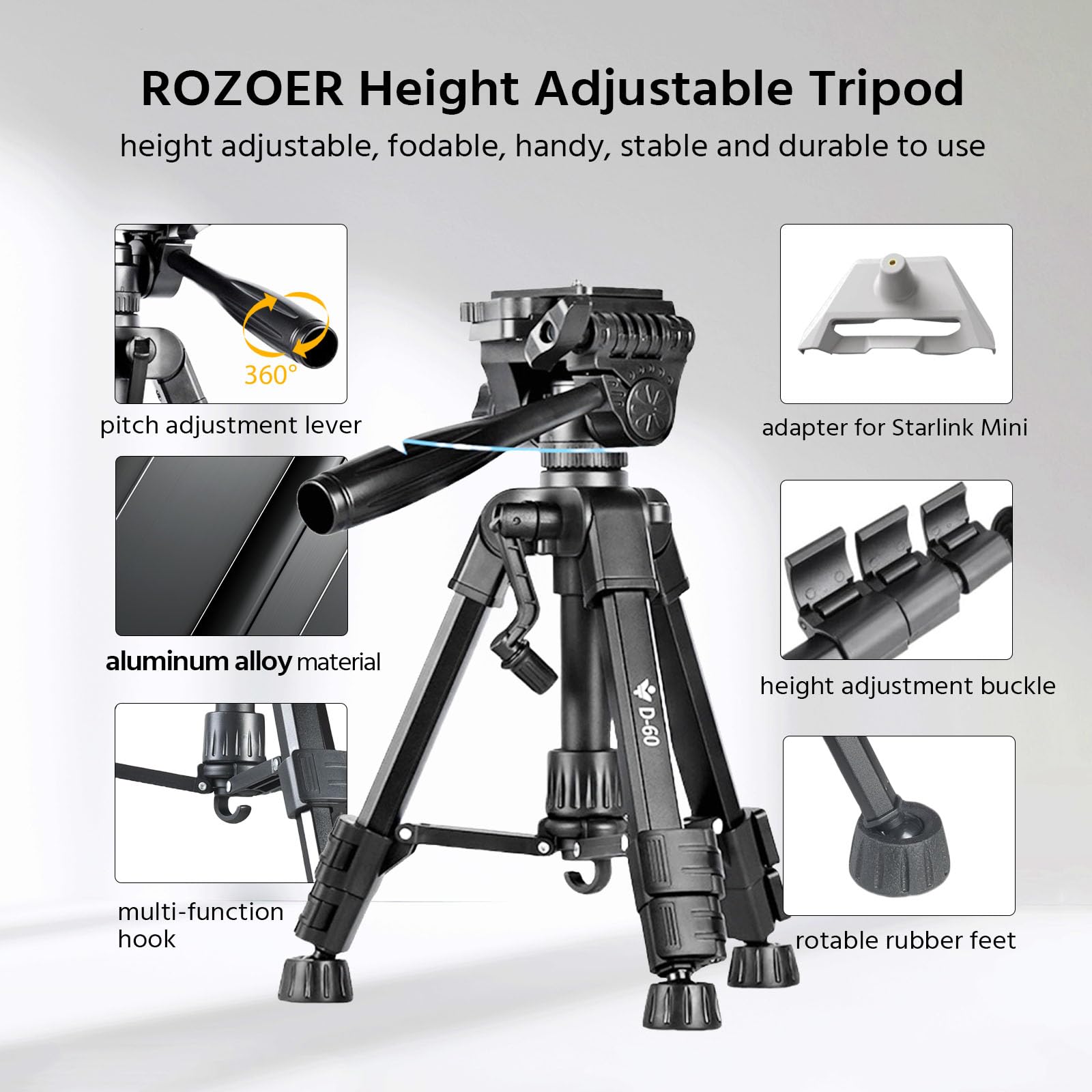 Rozoer Compact & Adjustable Mini Tripod With Adapter For Starlink Mini - Portable Aluminum Alloy Tripod With Abs Mount Adapter For Camping, Hiking, Travelling (Black 24.8In Tripod)