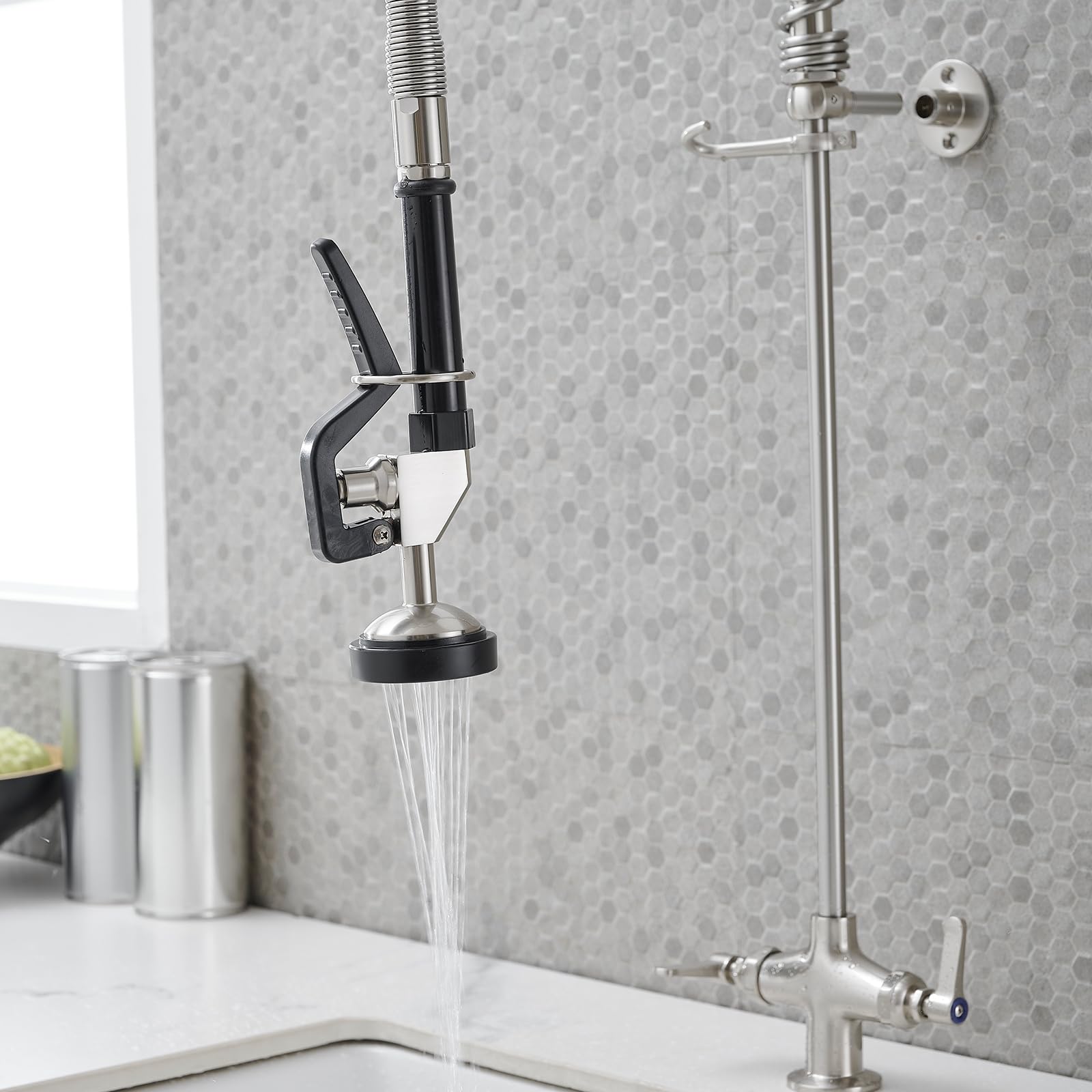 Bathfinesse Commercial Sink Faucet Kitchen Faucet With Sprayer, 39" Height Deck Mount Single Hole Double Handle Coiled Spring Pull Down Spray Faucet Pre Rinse Restaurant, Brushed Nickel