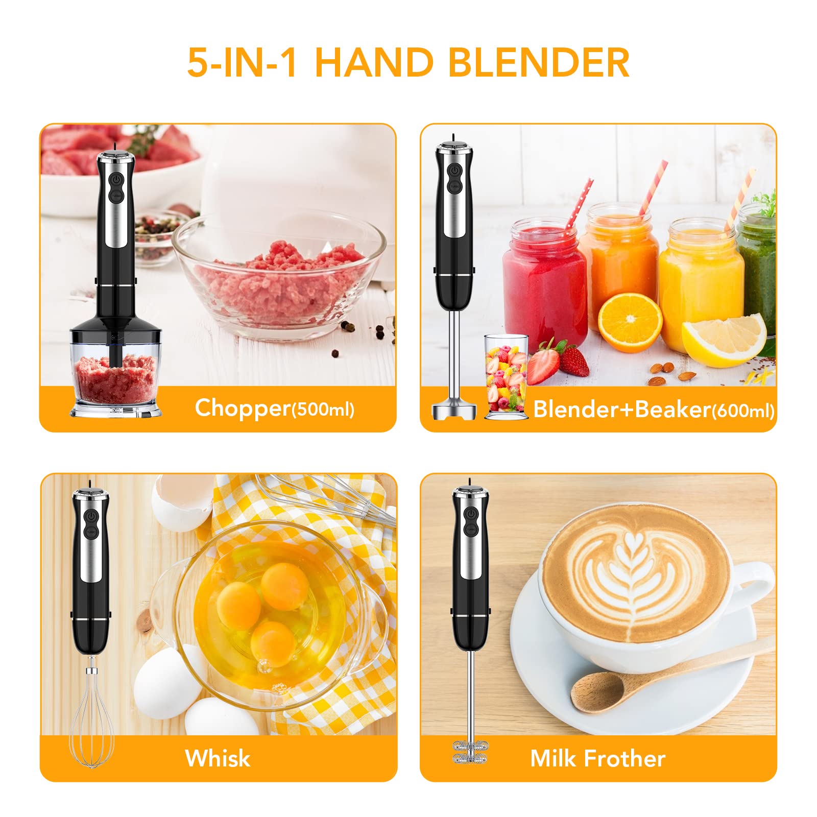 Aconee Immersion Hand Blender, 5-In-1 Hand Blender 800W Powerful Motor, 12 Speed & Turbo Mode Hand Mixer, 20Oz Beaker With Measuring Mark, 17Oz Food Chopper, Stainless Steel Blades, Bpa-, Whisk