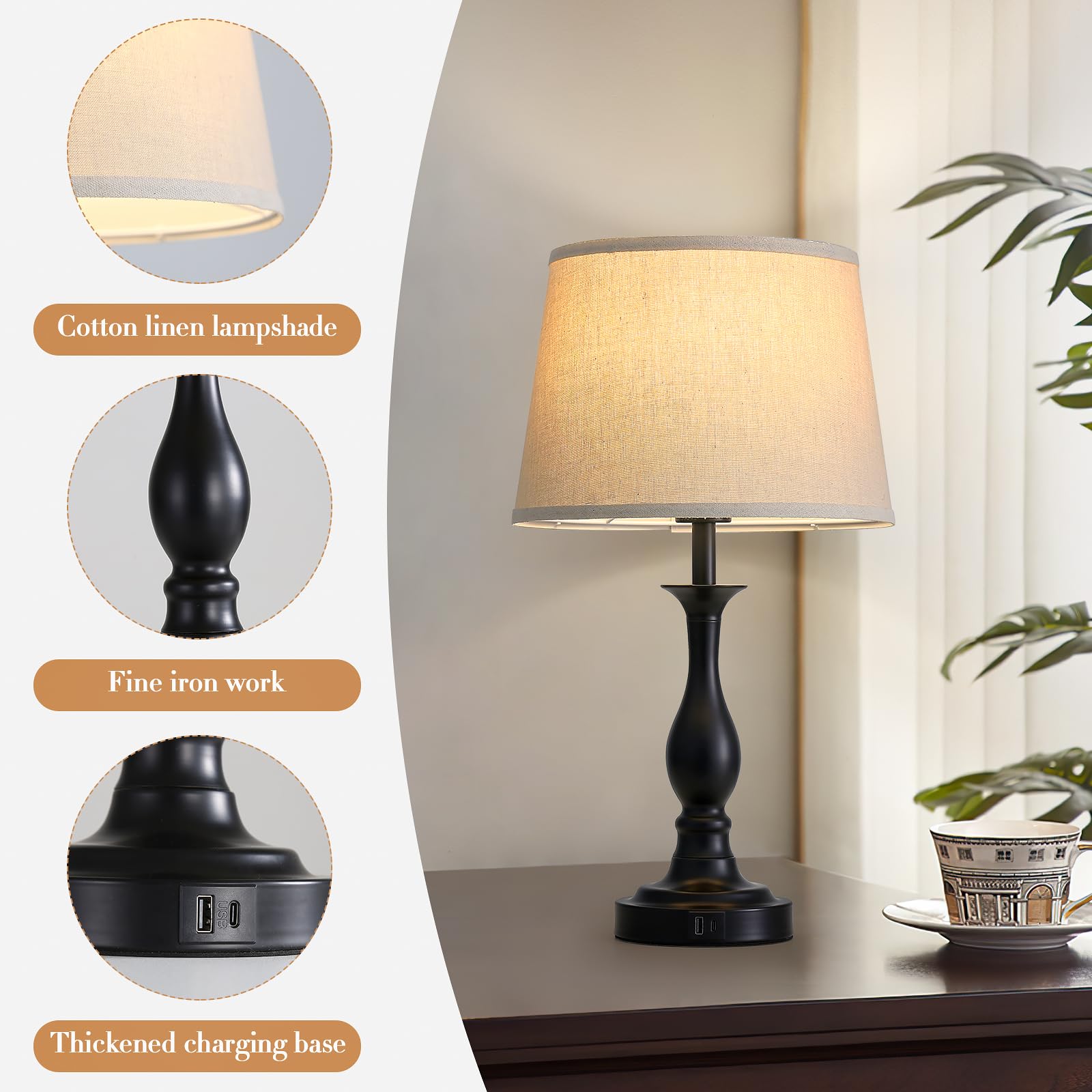 Lauag Bedside Table Lamp Touch Control Bedroom Lamps With Usb-C Usb-A Charging Port 3 Way Dimmable Touch Lamps For Nightstand Living Room Bedroom Dorm Home Office Reading, Set Of 2