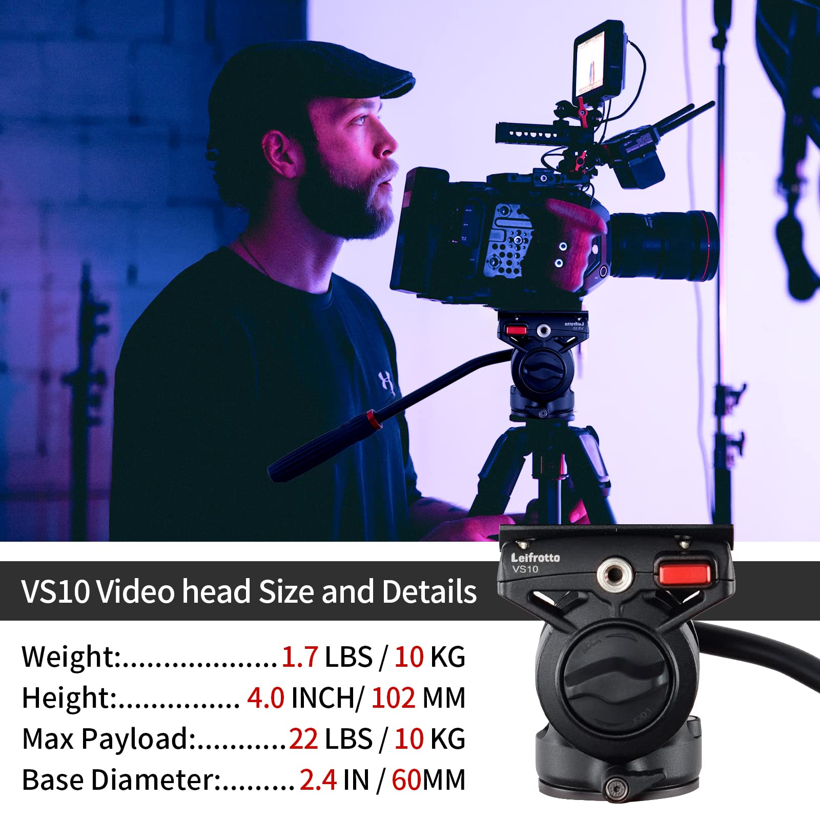 Leifrotto Tripod Head For Video Dslr Camera, Heavy Duty Fluid Head Tripod With Quick Release Plate, Max Load 22 Pounds,1/4 To 3/8 Connection, Supports Tripods, Monopods Connections Vs10