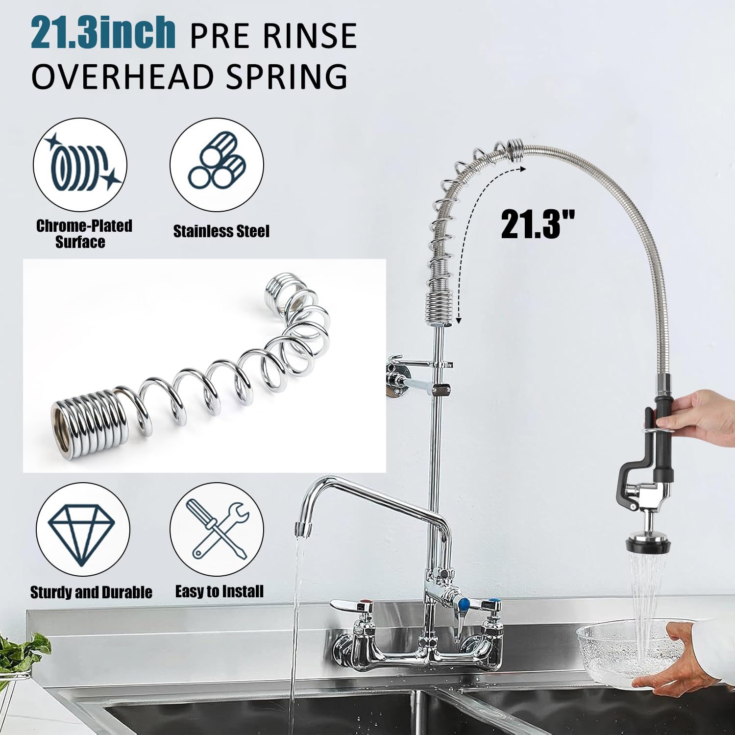 Tceumik Commercial Sink Sprayer With Stainless Hose & Pre-Rinse Overhead Spring, High-Pressure Dish Spray Valve 38Inch Flexible Hose Easy Installation For Home Commercial Restaurant Industrial (Black)