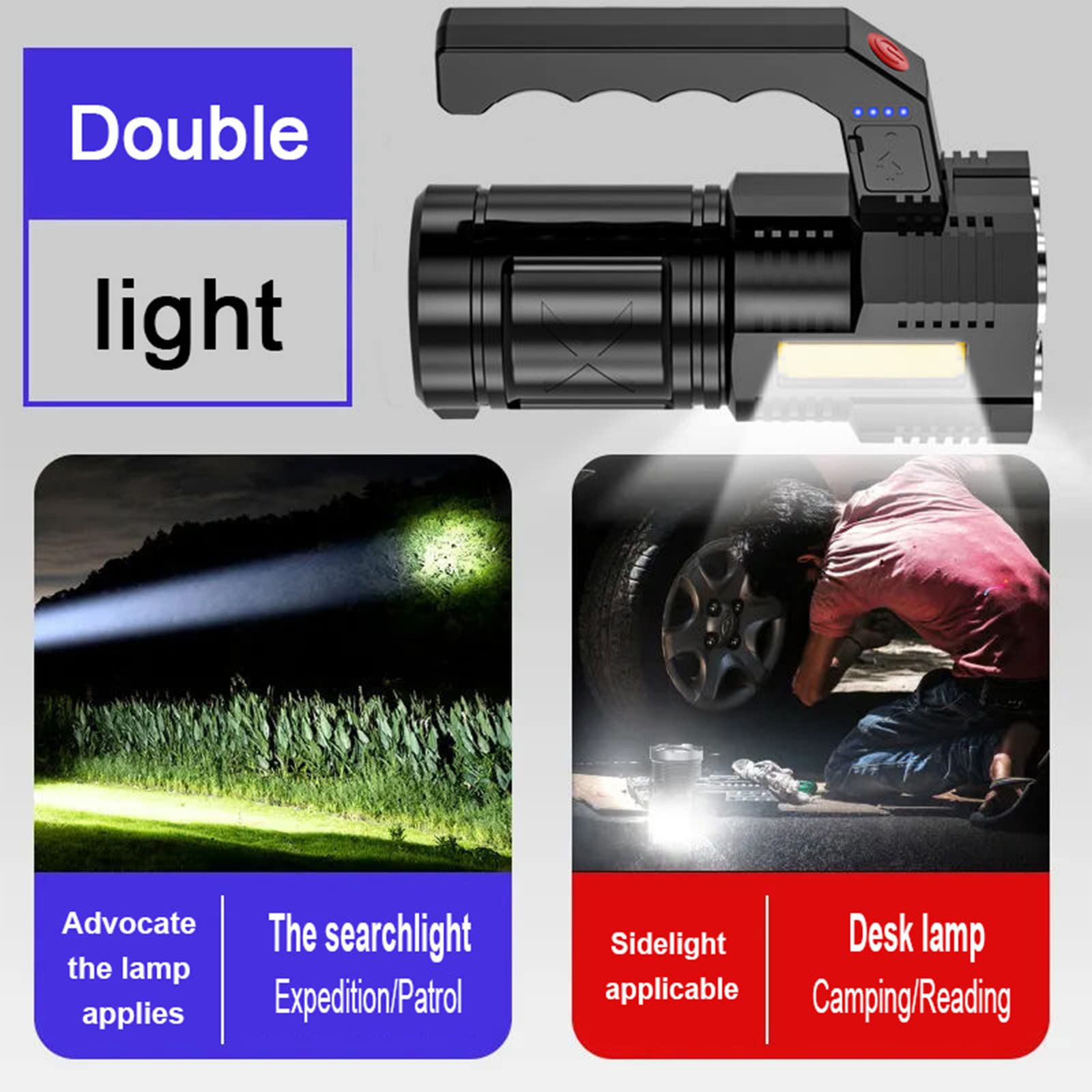 Latrodar Handheld Strong Light Flashlight Usb Rechargeable Led Flashlights With Two Types Of Light, Super Bright Long Range Flashlight With 4 Modes, Large Searchlight For Fishing, Hiking And Camping