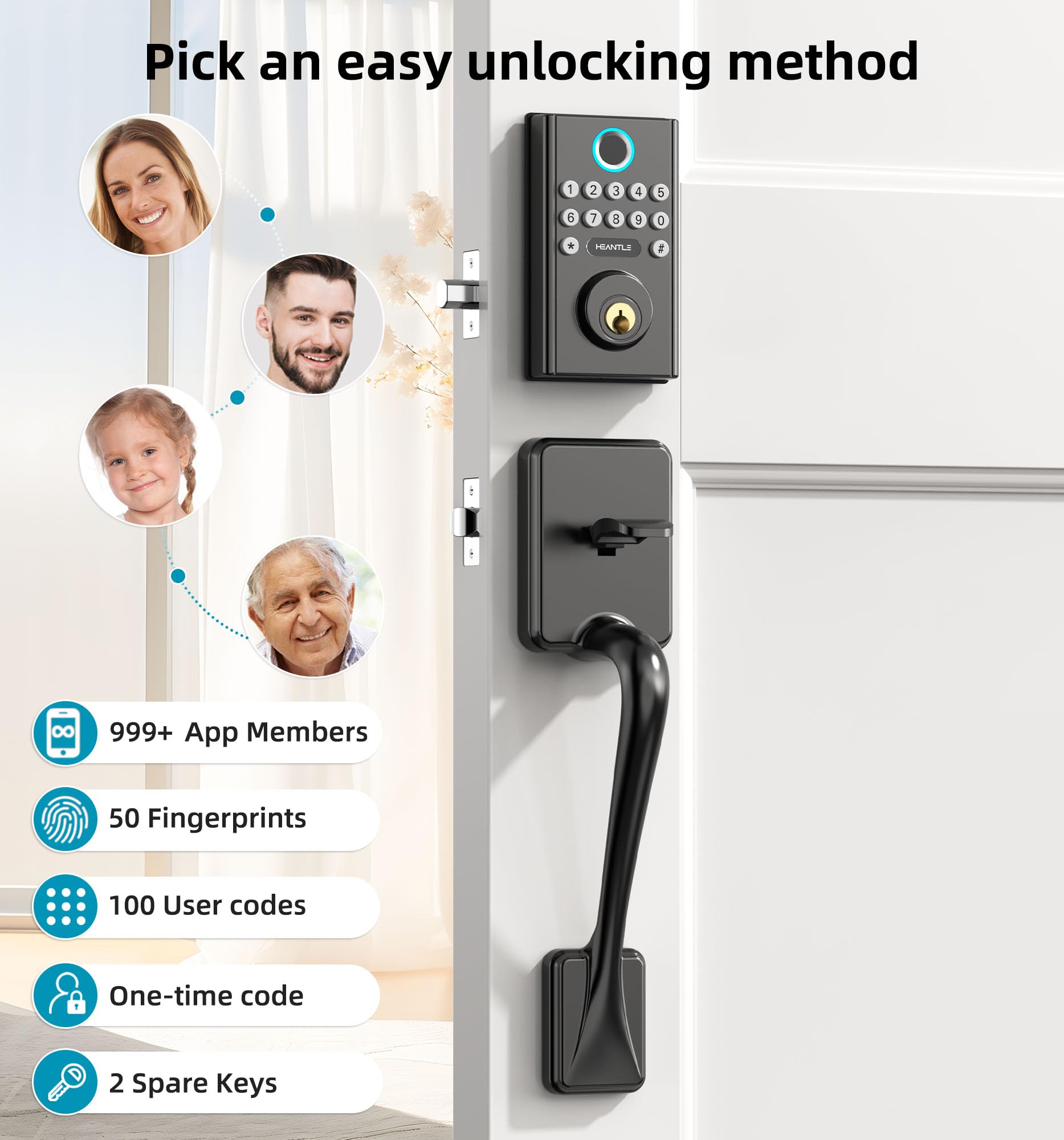 Heantle Wifi Front Door Lock With Handle: Keyless Smart Deadbolt Set Keypad Fingerprint Deadbolt Handleset Alexa Compatible Auto Lock App Remote Control