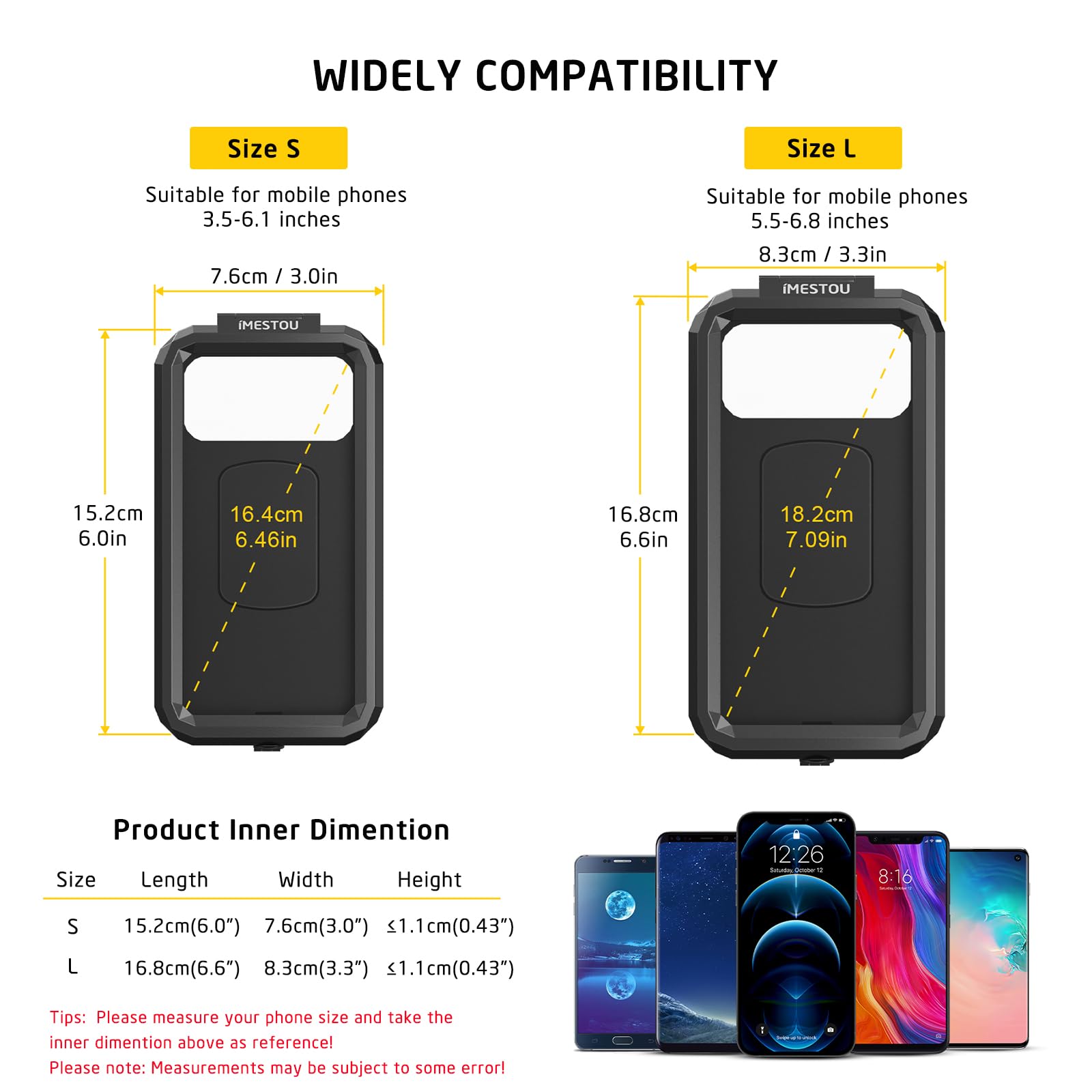 Imestou Ip66 Waterproof Bike Phone Holder With 1" Ball Head Suitable For Ram B Size Components/ 1" Double Socket Arms, Fits For 3.5"-6.1" Cellphones With Max. Thickness 0.43" (Size S)