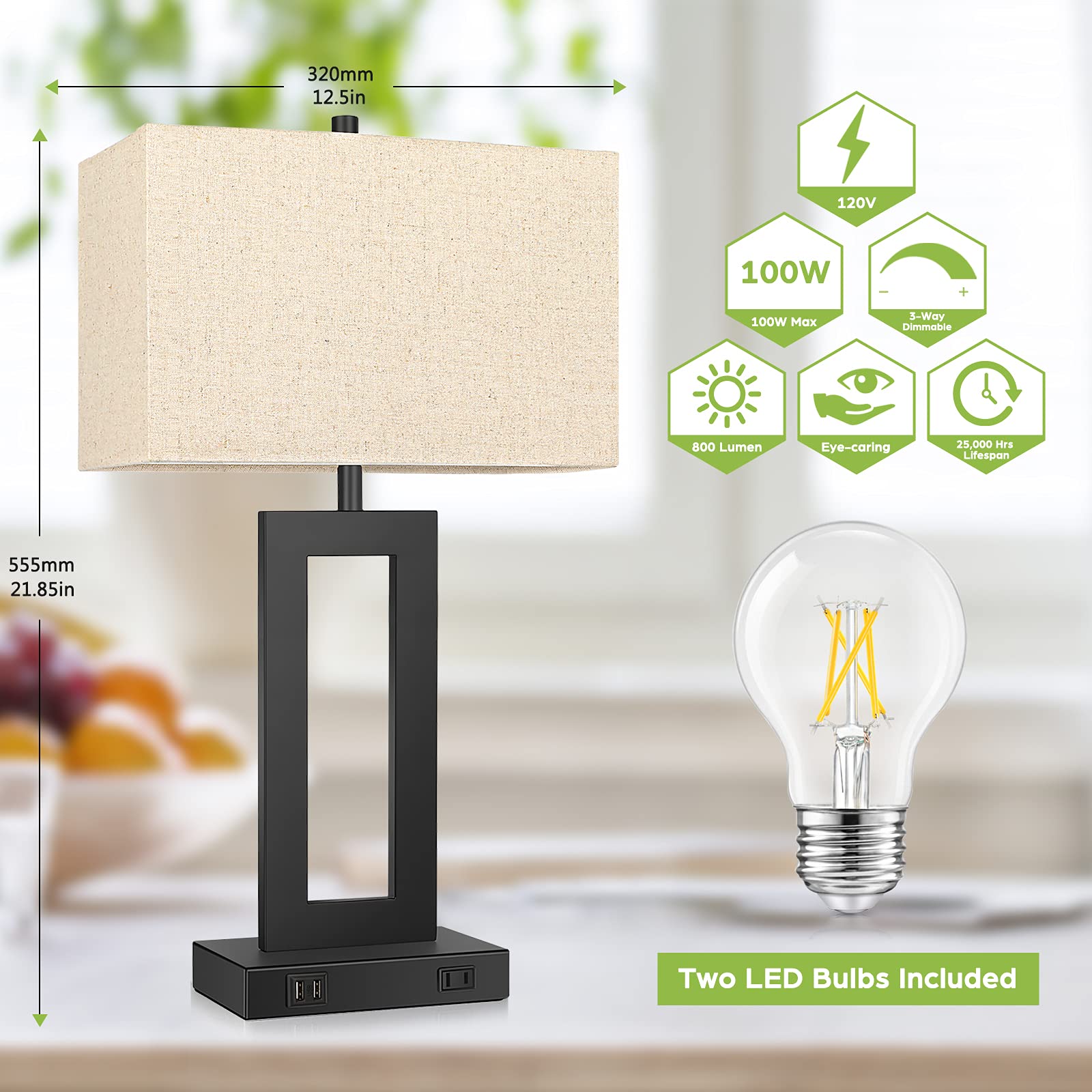 Tobusa Set Of 2 Touch Control Table Lamp With 2 Usb Ports, 3-Way Dimmable Modern Nightstand Lamp Sets Bedside Touch Desk Lamp With Fabric Cream Shade For Bedroom Table Living Room Reading, Included Bulbs