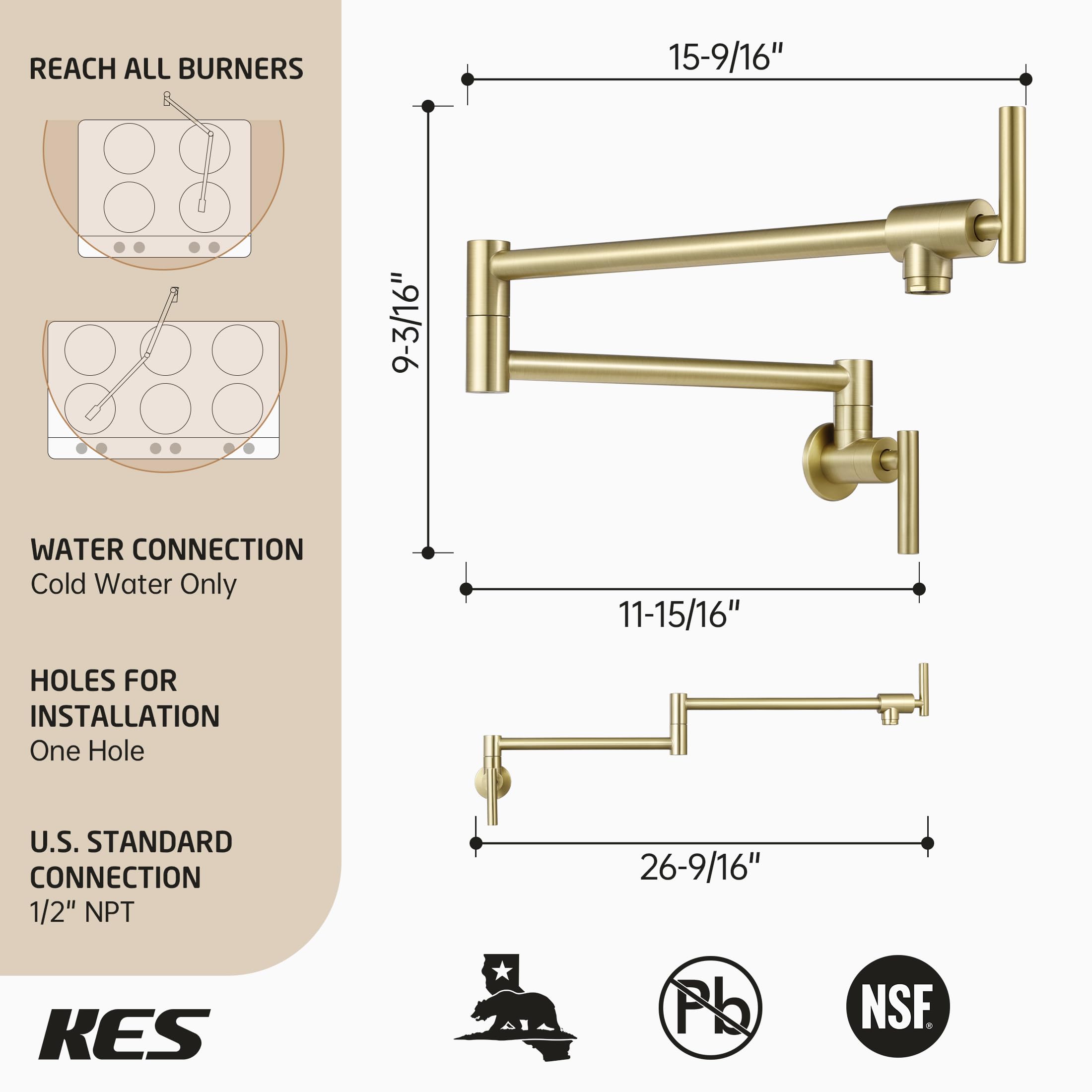 Kes Gold Pot Filler With Heat-Resistant Cartridge, 26" Brushed Gold Pot Filler Faucet Over Stove, Wall Mount Kitchen Faucet Double Joints, Stainless Steel, Nsf , Kn927Lff18-Bz