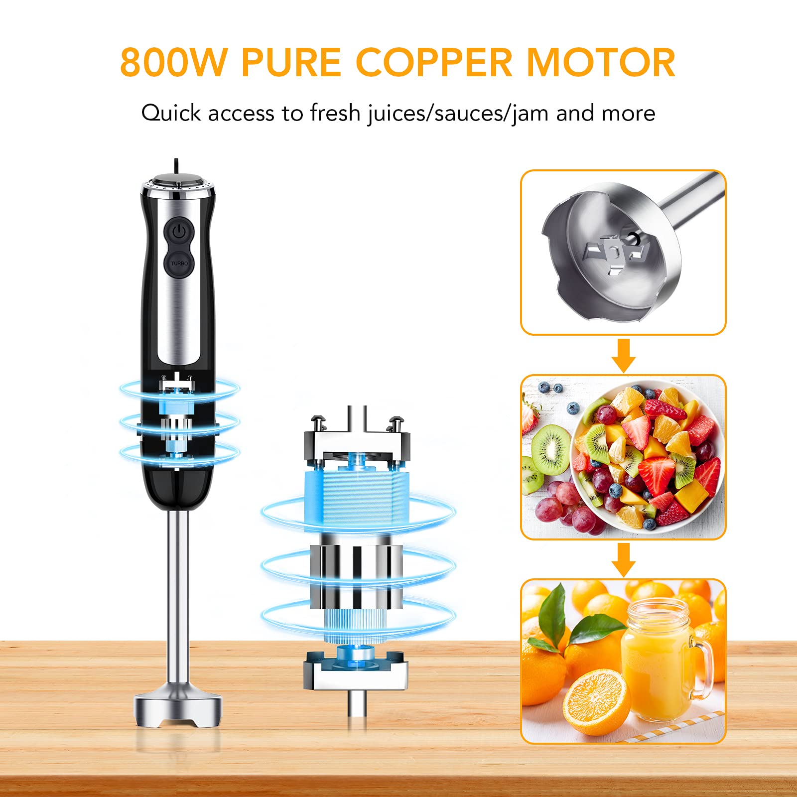 Aconee Immersion Hand Blender, 5-In-1 Hand Blender 800W Powerful Motor, 12 Speed & Turbo Mode Hand Mixer, 20Oz Beaker With Measuring Mark, 17Oz Food Chopper, Stainless Steel Blades, Bpa-, Whisk