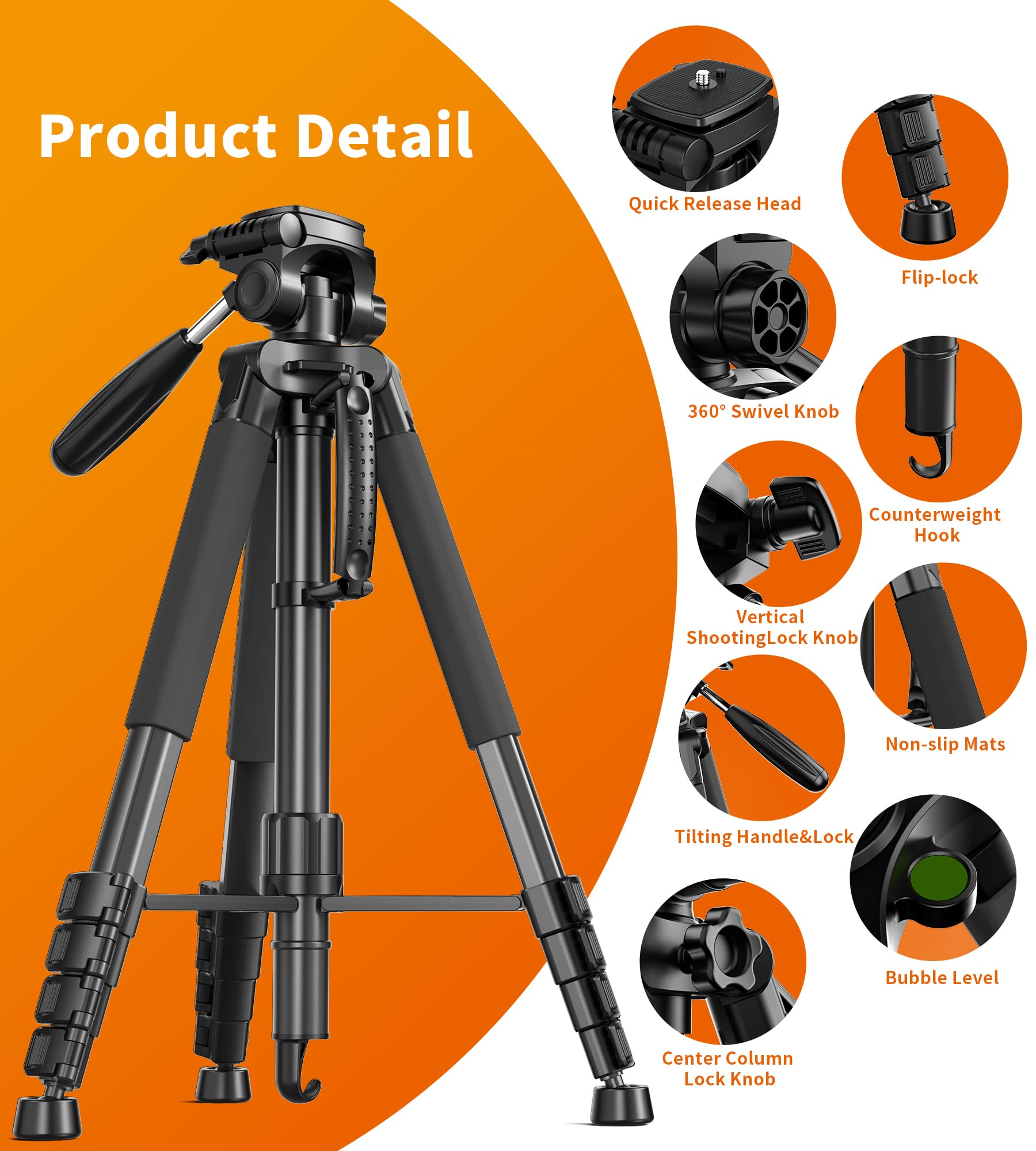 Zecti 74" Camera Tripod, Tripod For Phone And Camera Stand With Carry Bag, Aluminum Heavy Duty Tripod Stand For Canon Nikon With Monopod & 1/4" Screw, Compatible With For Phone/Camera/Projector/Dslr